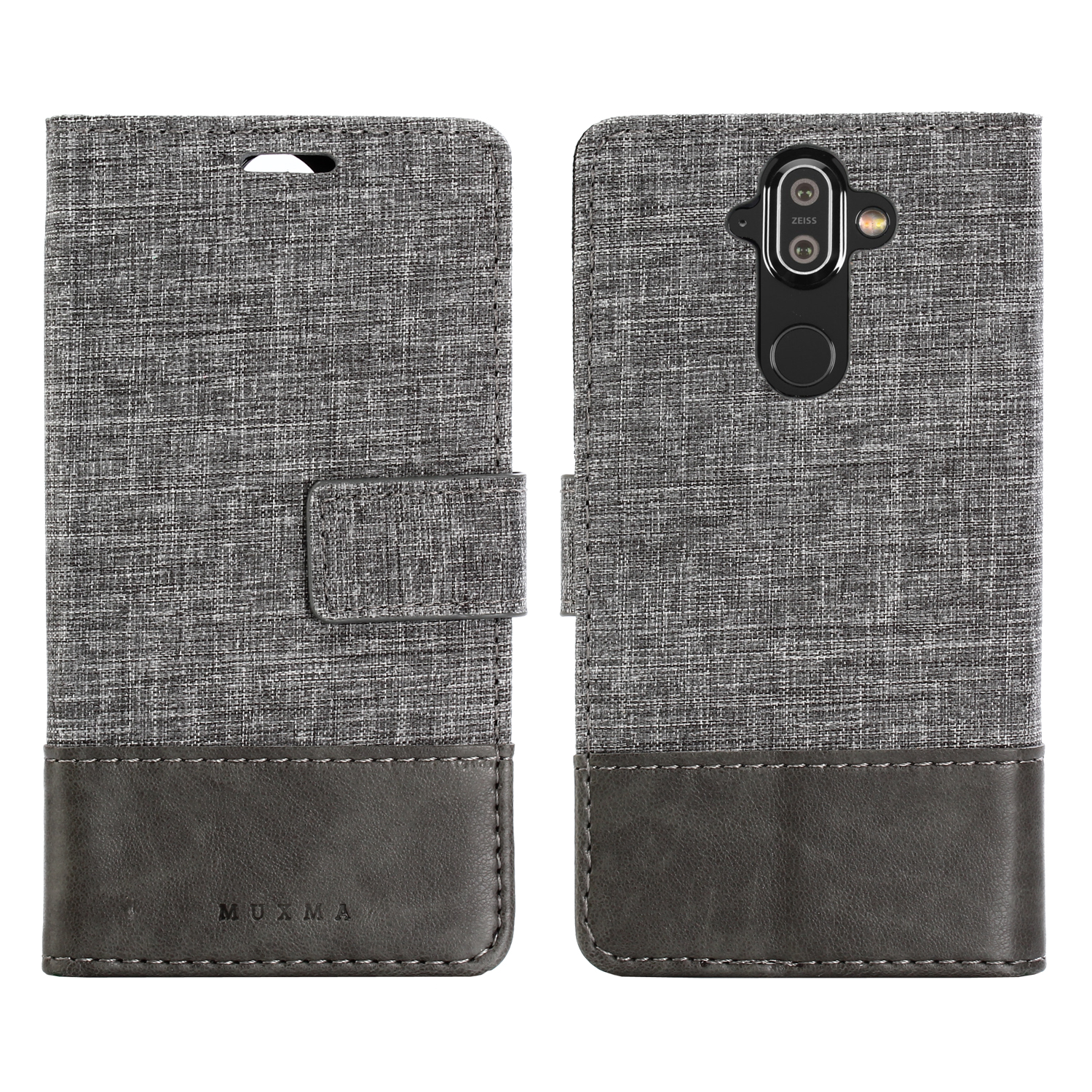 

MUXMA PU Leder -leinwand Spleiß Brieftasche Mobiltelefon Folio -gehäuse Mit Stand Für Nokia 8 Sirocco - Grau, Nokia 8 Sirocco