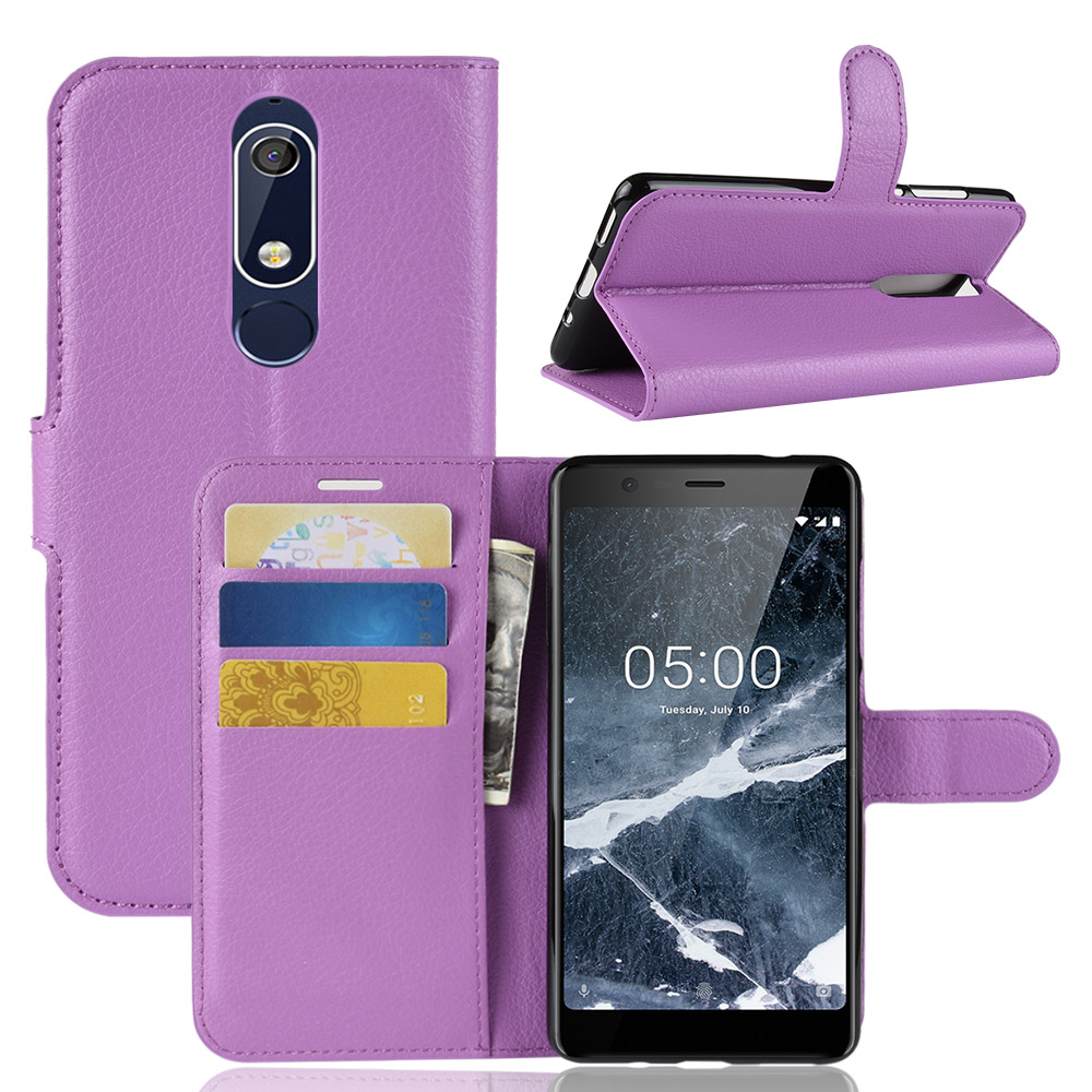 

For Nokia 5.1 Litchi Skin Wallet Stand Leather Mobile Shell - Purple, Nokia 5.1