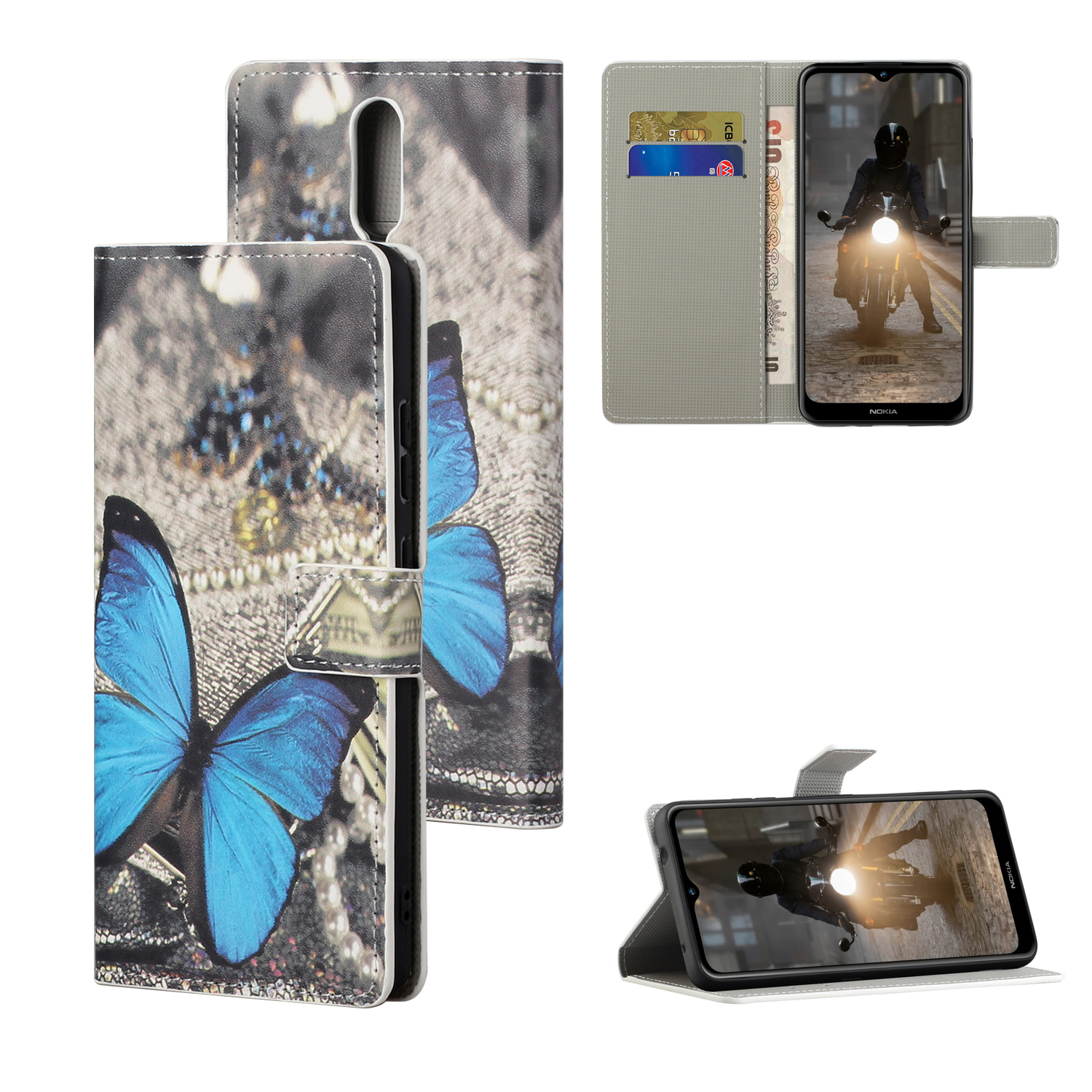 

Musterdruckschale Für Nokia 2.4 PU Leder Brieftasche Abdeckung - Blauer Schmetterling, Nokia C20