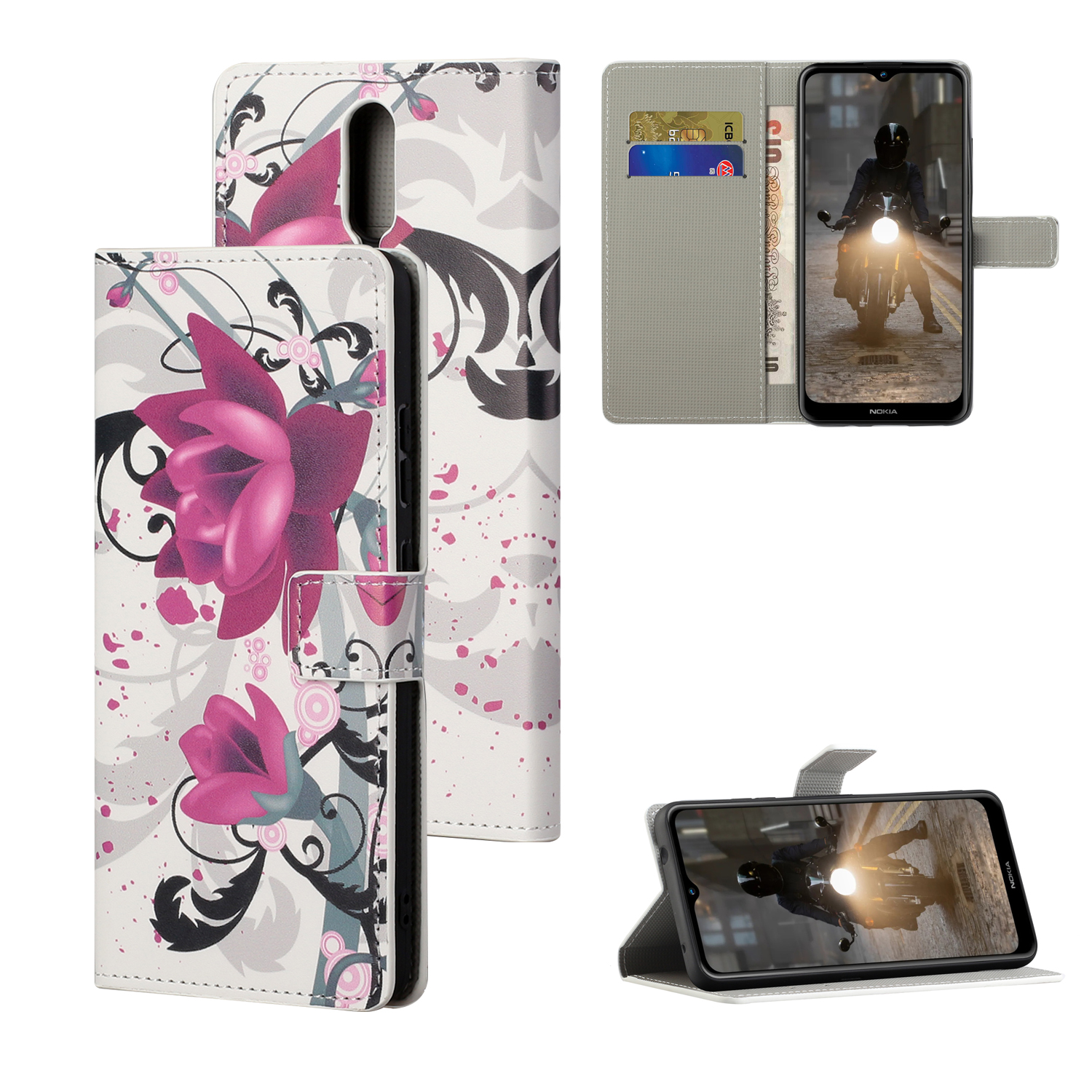 

Musterdruckschale Für Nokia 2.4 PU Leder Brieftasche Abdeckung - Schöne Blume, Nokia C20