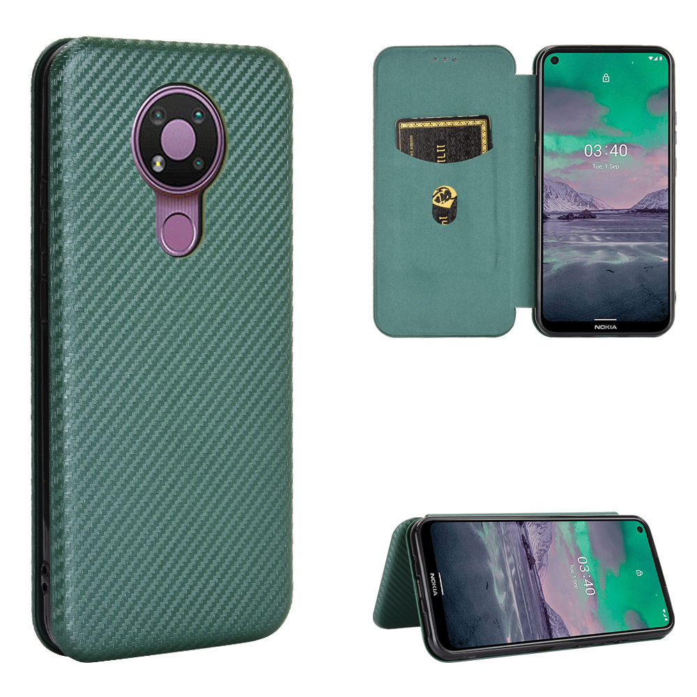 

Auto-absorbed Carbon Fiber Leather Case with Card Holder for Nokia 3.4 - Green, Nokia Nokia 2.4