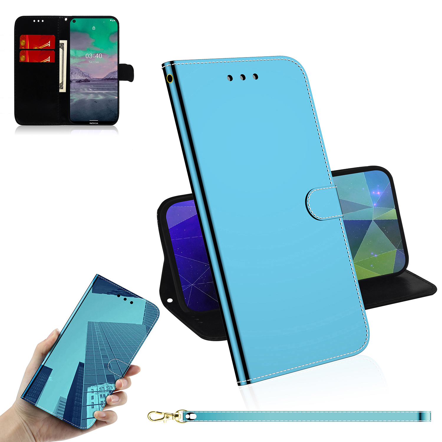 

Wallet + Stand Mirror-like Surface Leather Case with Wrist Strap for Nokia 3.4 - Blue, Nokia Nokia 3.4