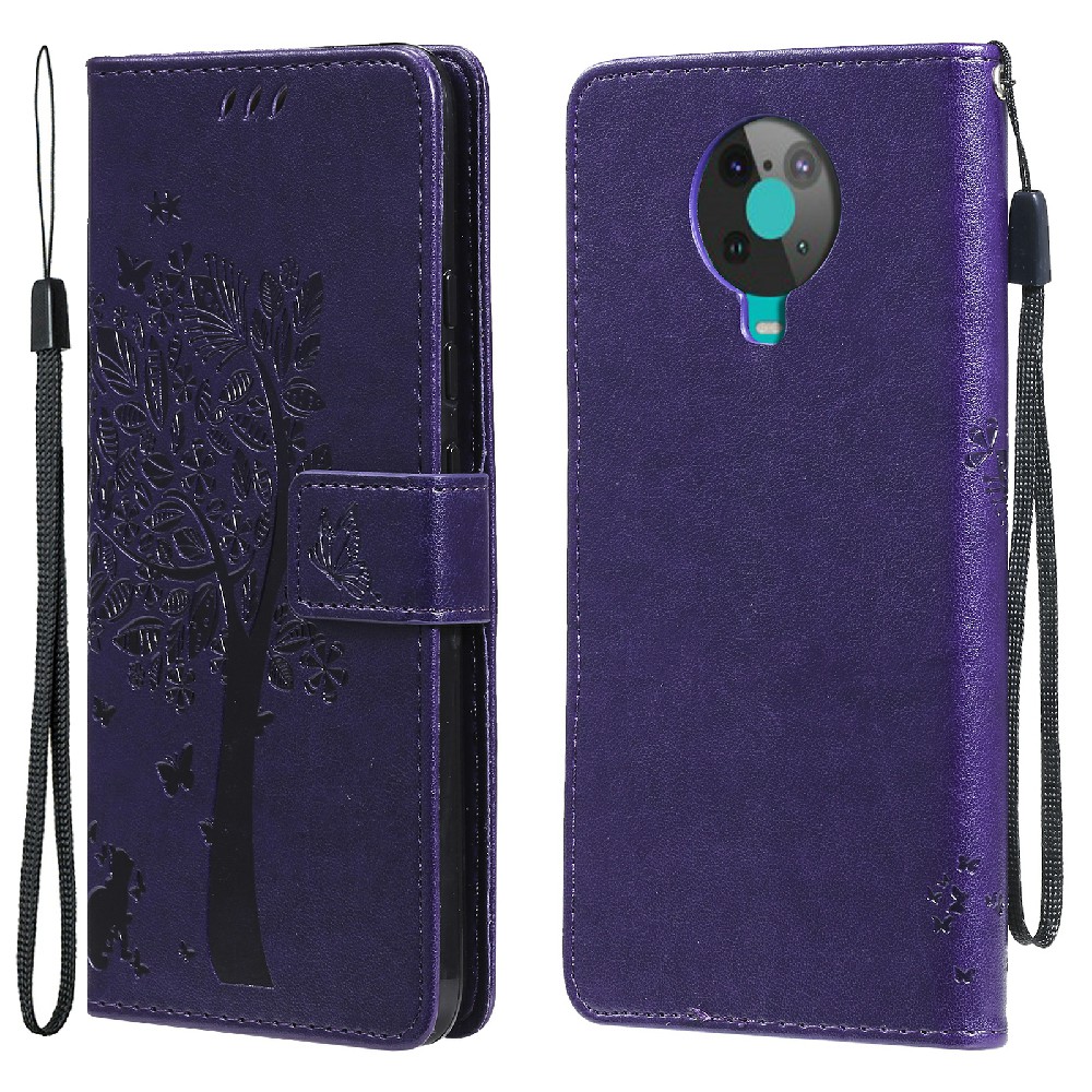 

Voller Schützender Prägener Blütenblumen-serie-3-katze Und Baum, Gedrucktes Lederbrieftasche Mit Ständer Für Nokia 6.3/G20/G10 - Dunkelviolett, Nokia G20 4G