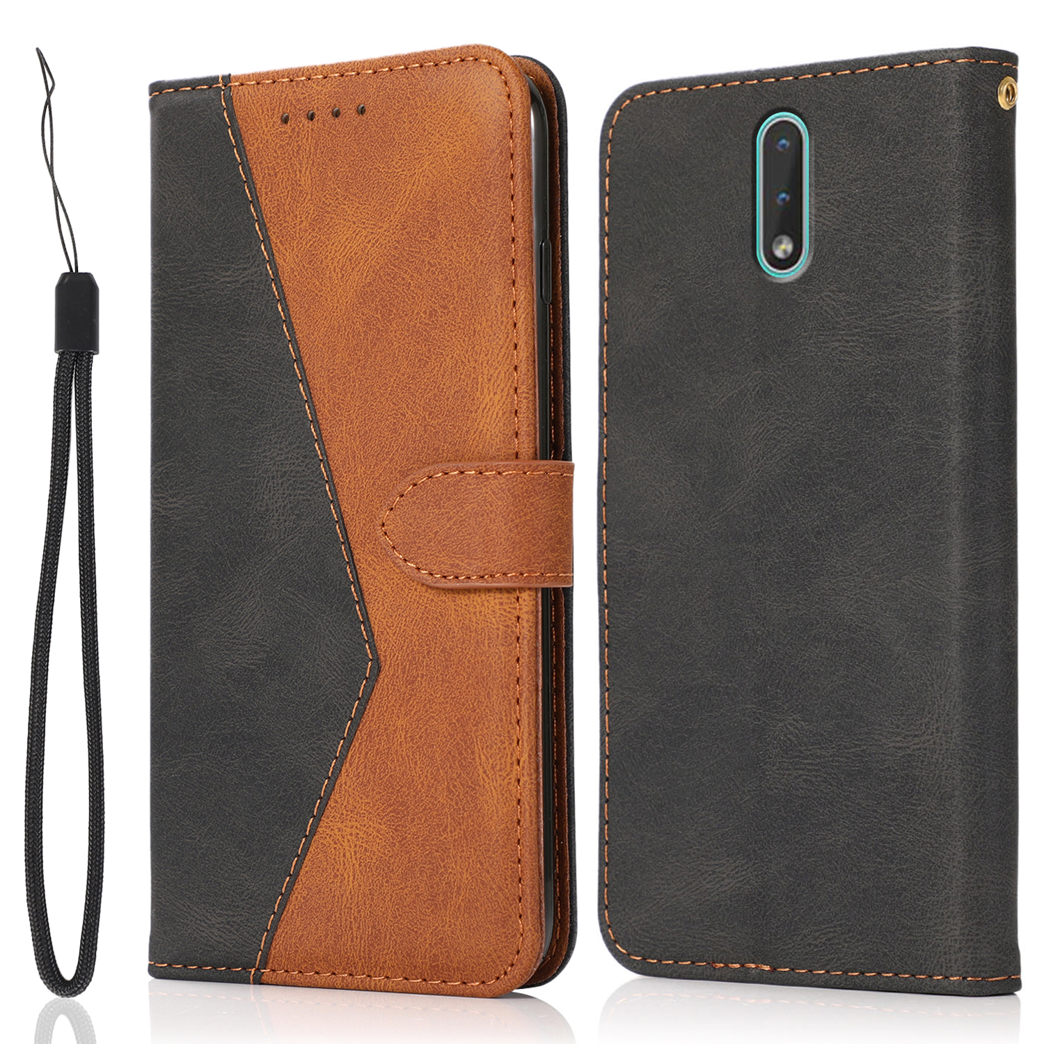 

Protection Anti-chute à Double Couleur Anti-bas Protection Polyvalente du Portefeuille Anti-rayures Conception de Conception de Téléphone en Cuir Avec Bracelet Pratique Pour Nokia 2.3 - Noir Marron
