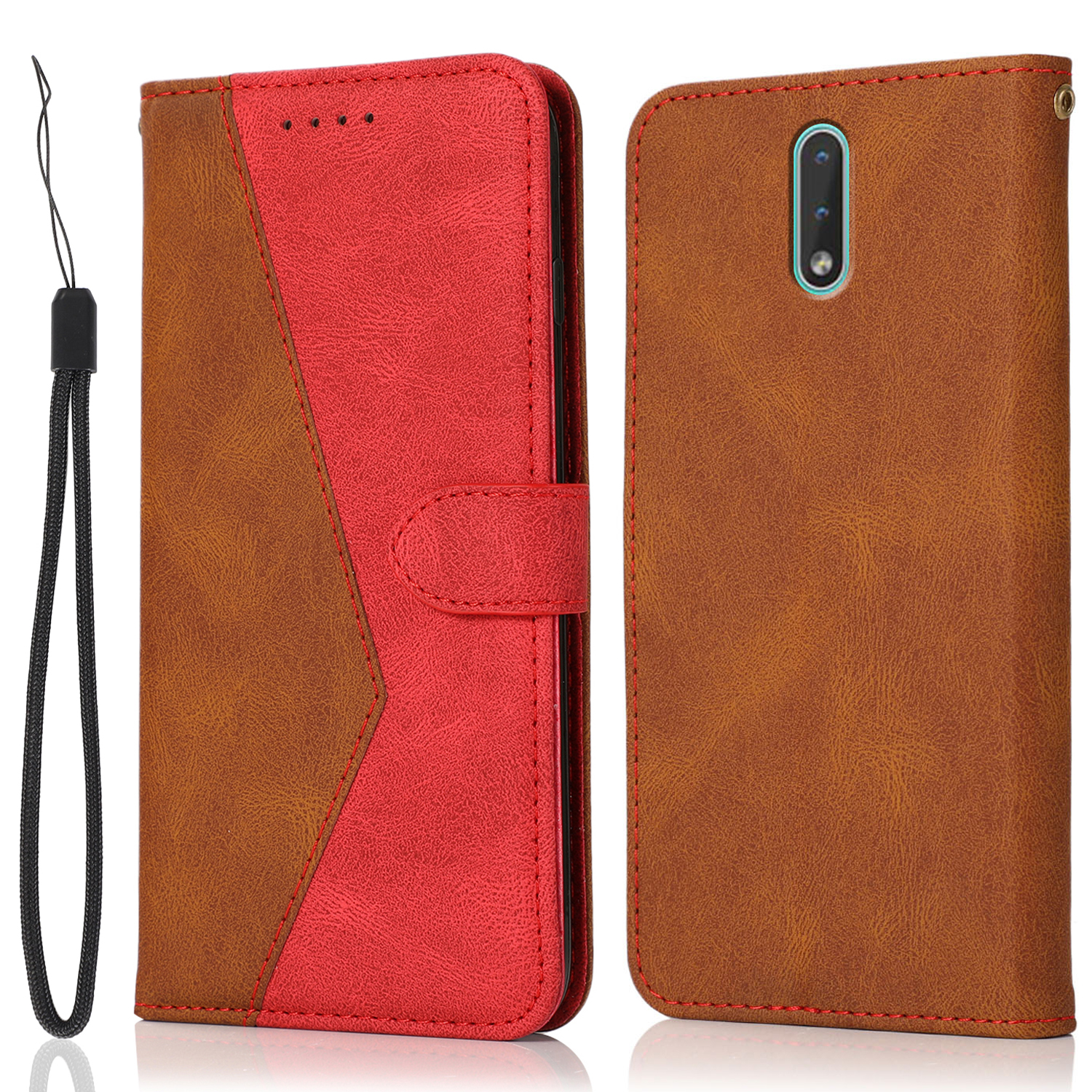 

Dual Color Anti-Fall All-Round Protection Anti-Scratch Wallet Stand Design Leather Phone Case with Handy Strap for Nokia 2.3 - Brown/Red