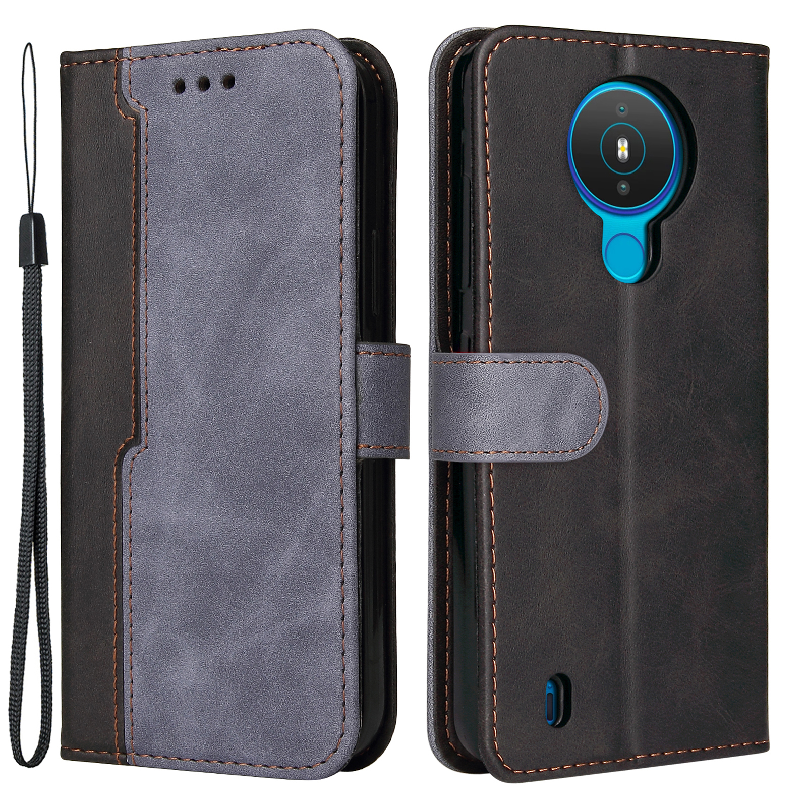

Business Style Dual-color Splicing Design Leather Wallet Case Cover with Lanyard for Nokia 1.4 - Grey
