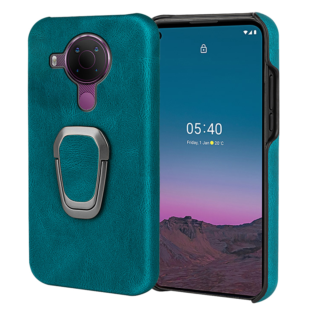 

PU Leder Beschichtete PC Schockfeste Telefonhülle Rotierender Ring -kickstand Konstruktionsschutzschutz Für Nokia 5.4 - Cyan, Nokia 5.4