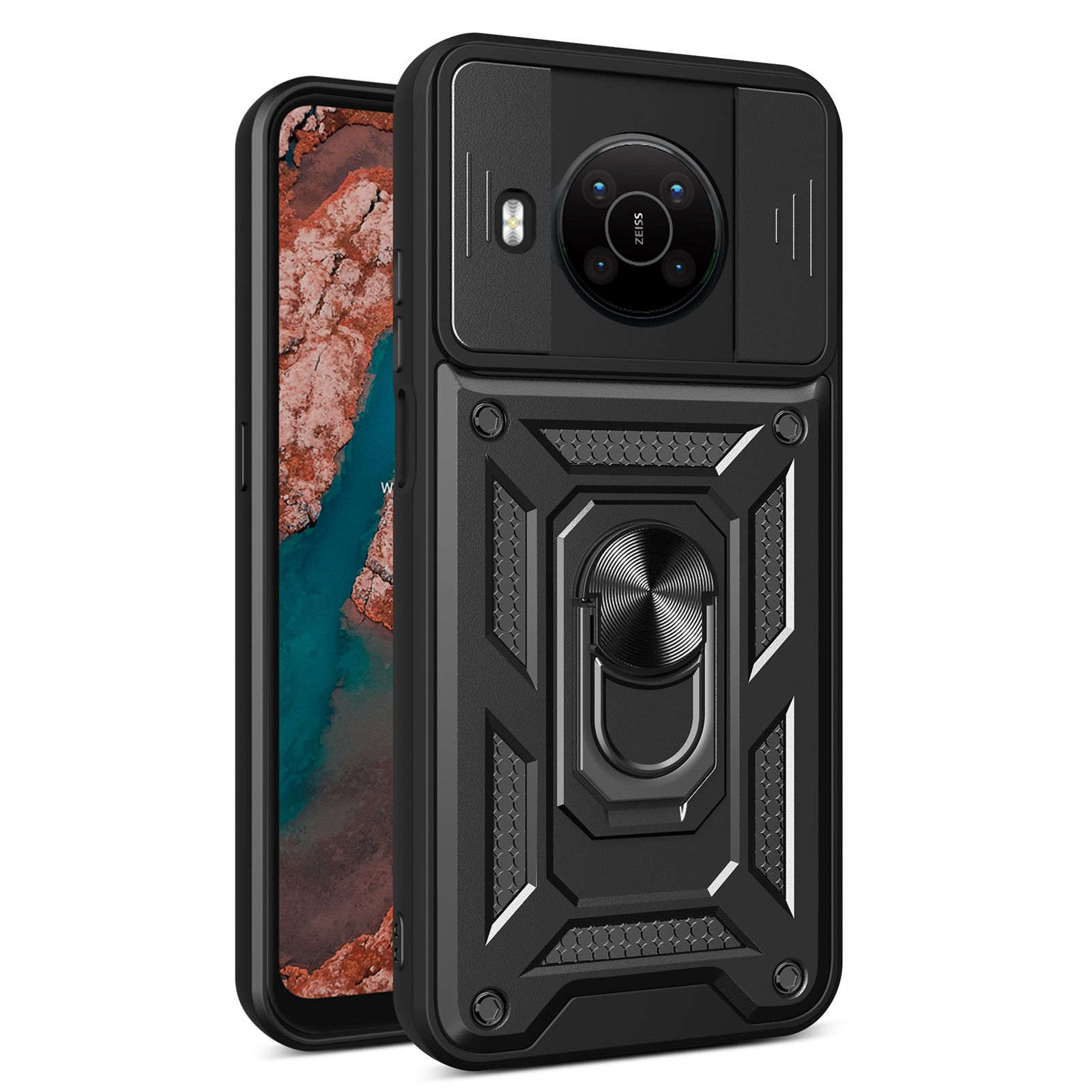

Dia-kameraabdeckungsfunktion Hülle Für Nokia X100 PC + TPU Hybrid Drop-proof-telefonschutz Mit Rotierenden Metallständer - Schwarz, Nokia X100 5G