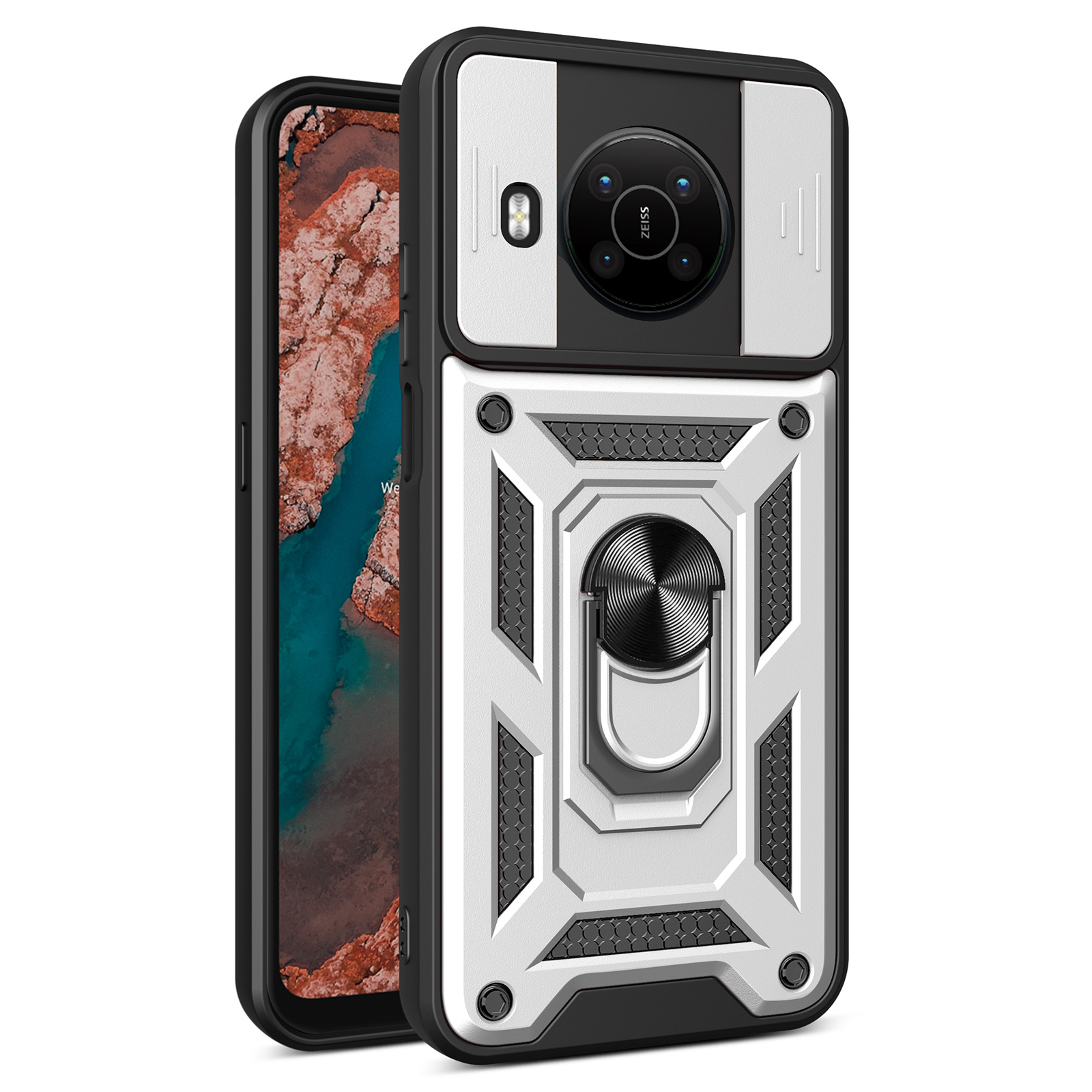 

Dia-kameraabdeckungsfunktion Für Nokia X100 PC + TPU Hybrid Drop-proof Phone Protector Mit Rotierender Metallständer - Silber-, Nokia X100 5G
