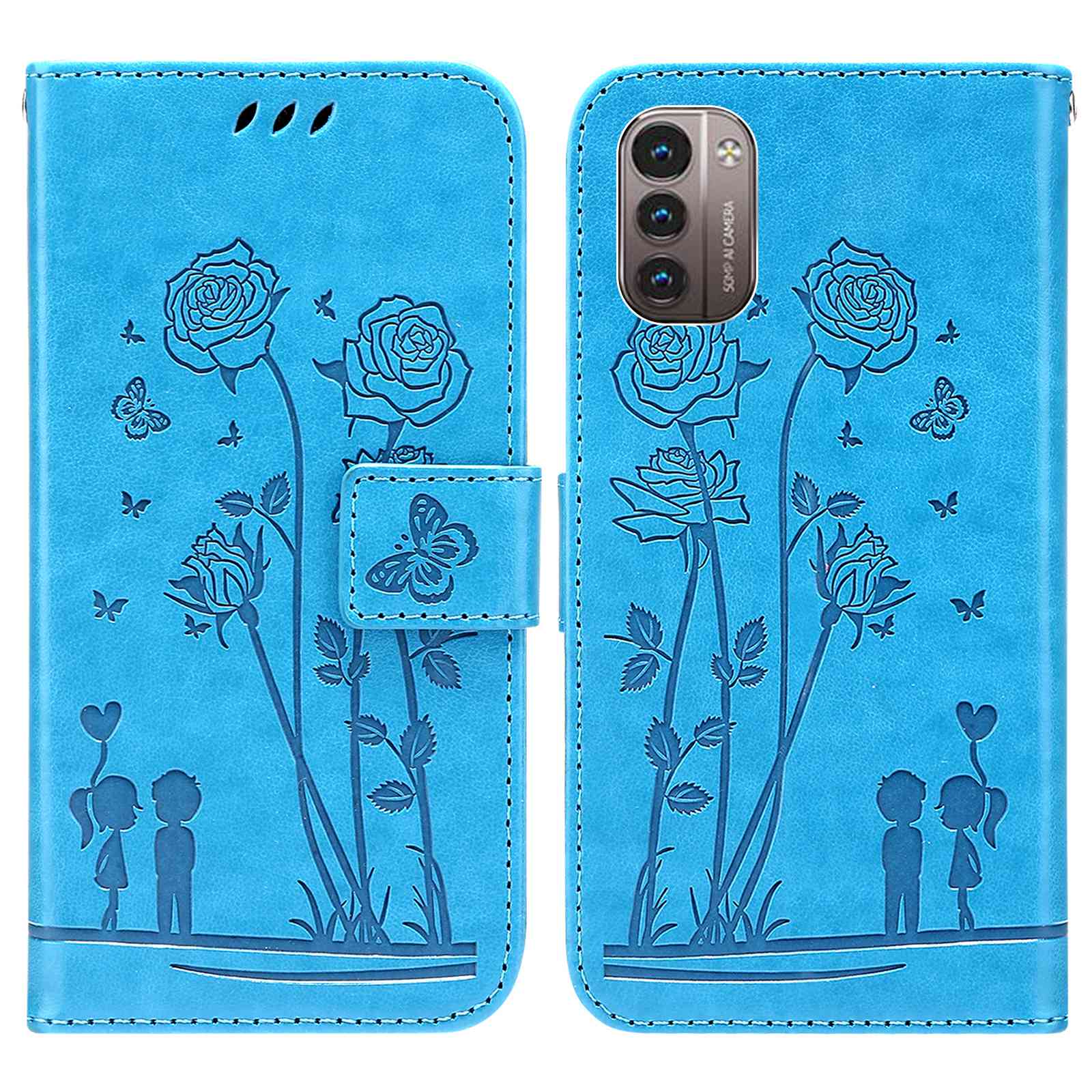 

Für Nokia G11/G21 PU Leder -hülle Ständer Ist Ein Paar Und Blumenmuster Geprägtes Weiches TPU -brieftasche Flip -abdeckung - Blau, Nokia G11 4G