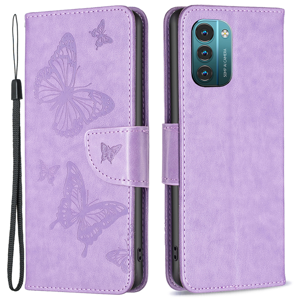 

Für Nokia G11/G21 Bf-sprudelmuster Serie-4-schmetterlinge Geprägter Standhülle Vollschutz Brieftaschen-lederschale im Stil - Violett, Nokia G21 4G