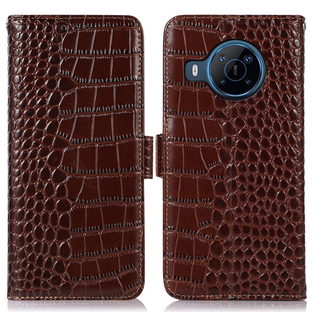 

Für Nokia X100 Crocodile Textur RFID Blockieren Sie Anti-fall-blockierung Mit Echtem Cowhide Leder-telefon Hülle Wallet Style Magnetic Protector - Braun, Nokia X100 5G