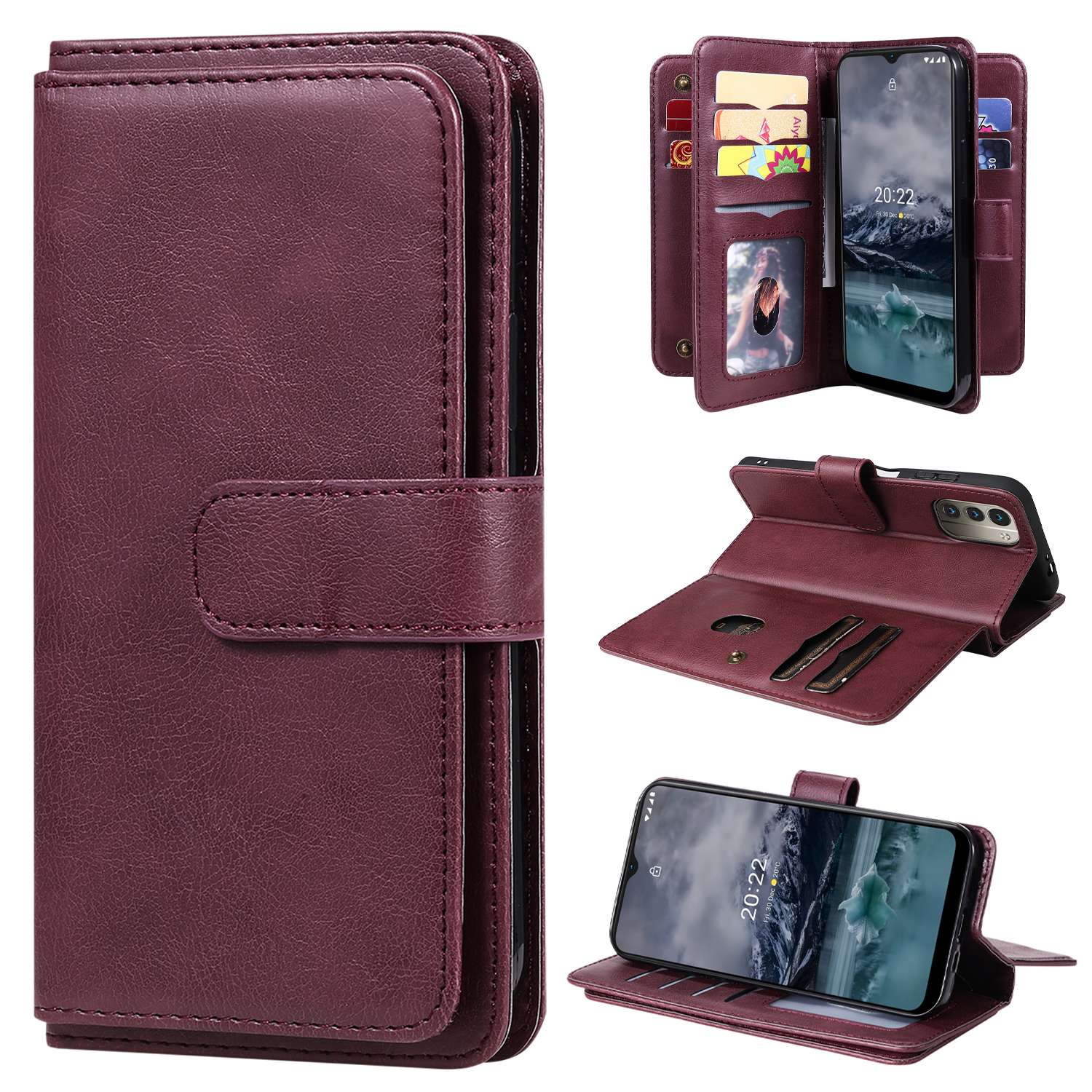 

KT Multifunktionaler Serie-1 Für Nokia G21/G11 Magnetic 10 Kartensteckplätze Brieftasche Hülle PU Lederständer Flip Schutzabdeckung - Weinrot, Nokia G21 4G