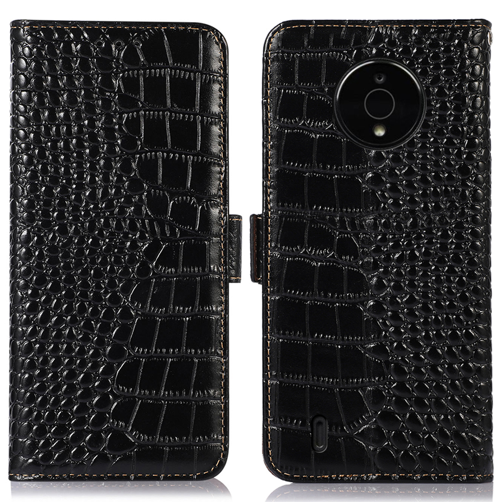 

Für Nokia C200 Crocodile Textur Wallet Hülle RFID Blockieren Echtes Kuhläden -Leder -Flip -Ständer Magnetische Handyabdeckung - Schwarz, Nokia C200 4G