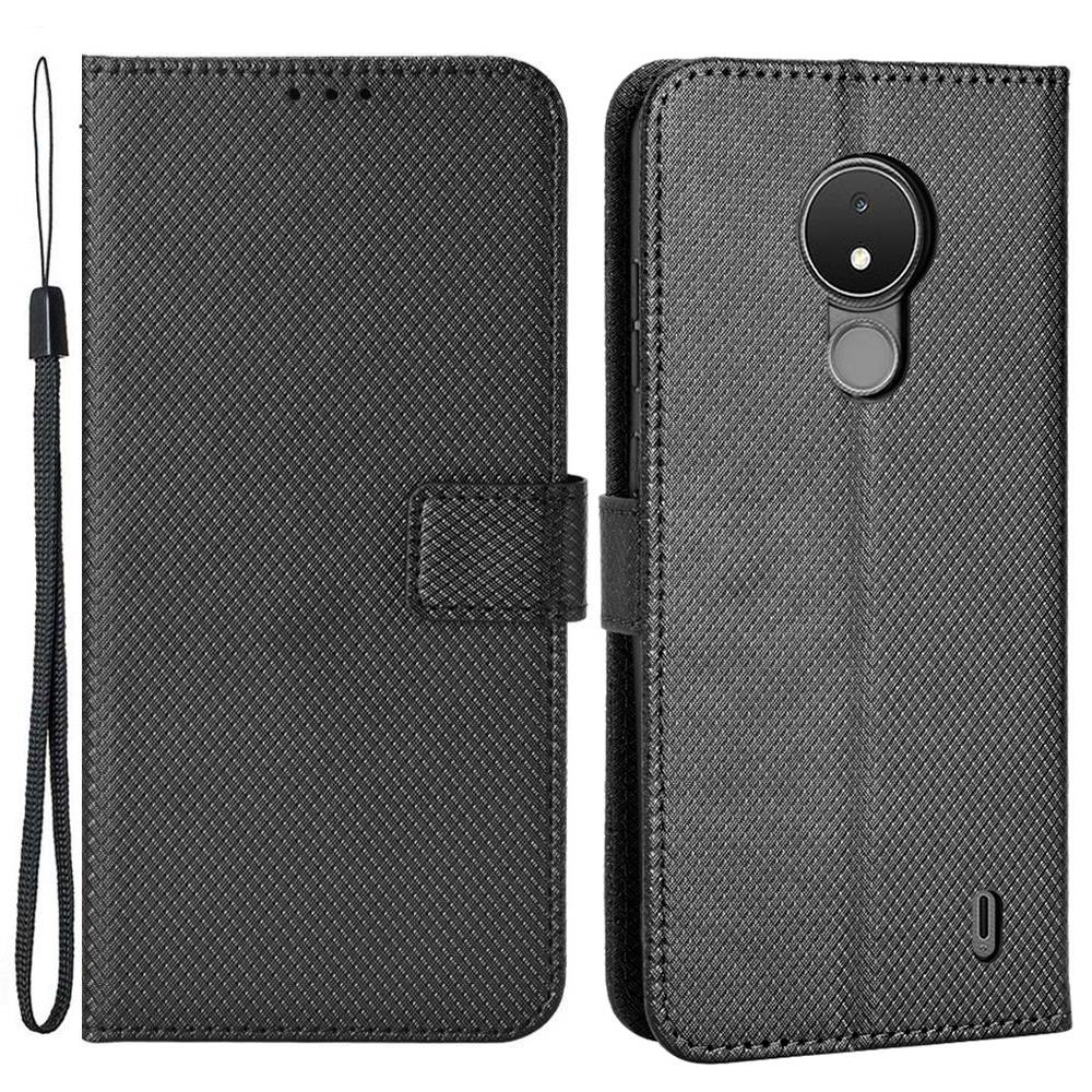 

Diamond Texturkoffer Für Nokia C21 4G, Standhellertasche Gut Geschützte Anti-schock-leder-handyabdeckung Mit Riemen - Schwarz, Nokia C21