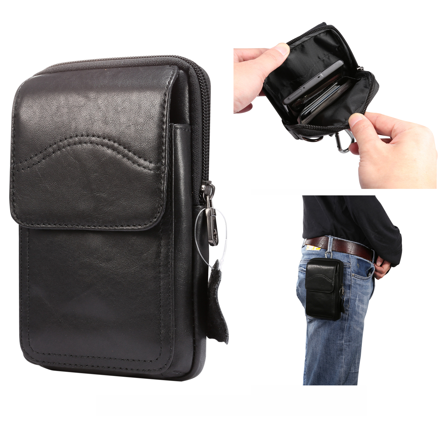 Universal Genuine Leather Hanging Waist Bag Phone Pouch Men Side Bag Shoulder Bag for 6.3   6.5   6.7   Smartphones - Black  L