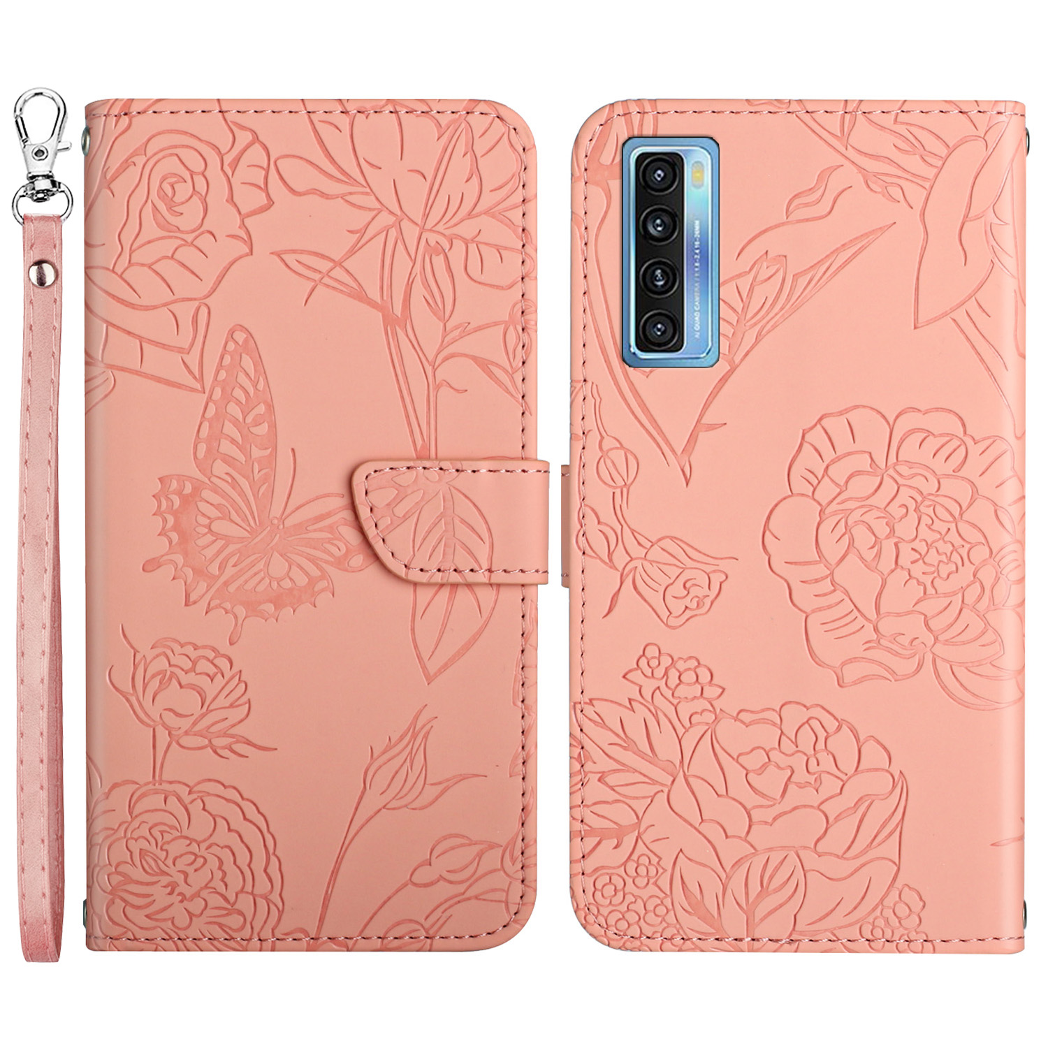 

Für TCL 20 Pro 5G Butterfly Flowers Prägen Die PU -leder -telefonschale, Brieftasche Mobiltelefonschutzgehäuse Mit Handlichem Riemen - Rosa, TCL 20 Pro 5G