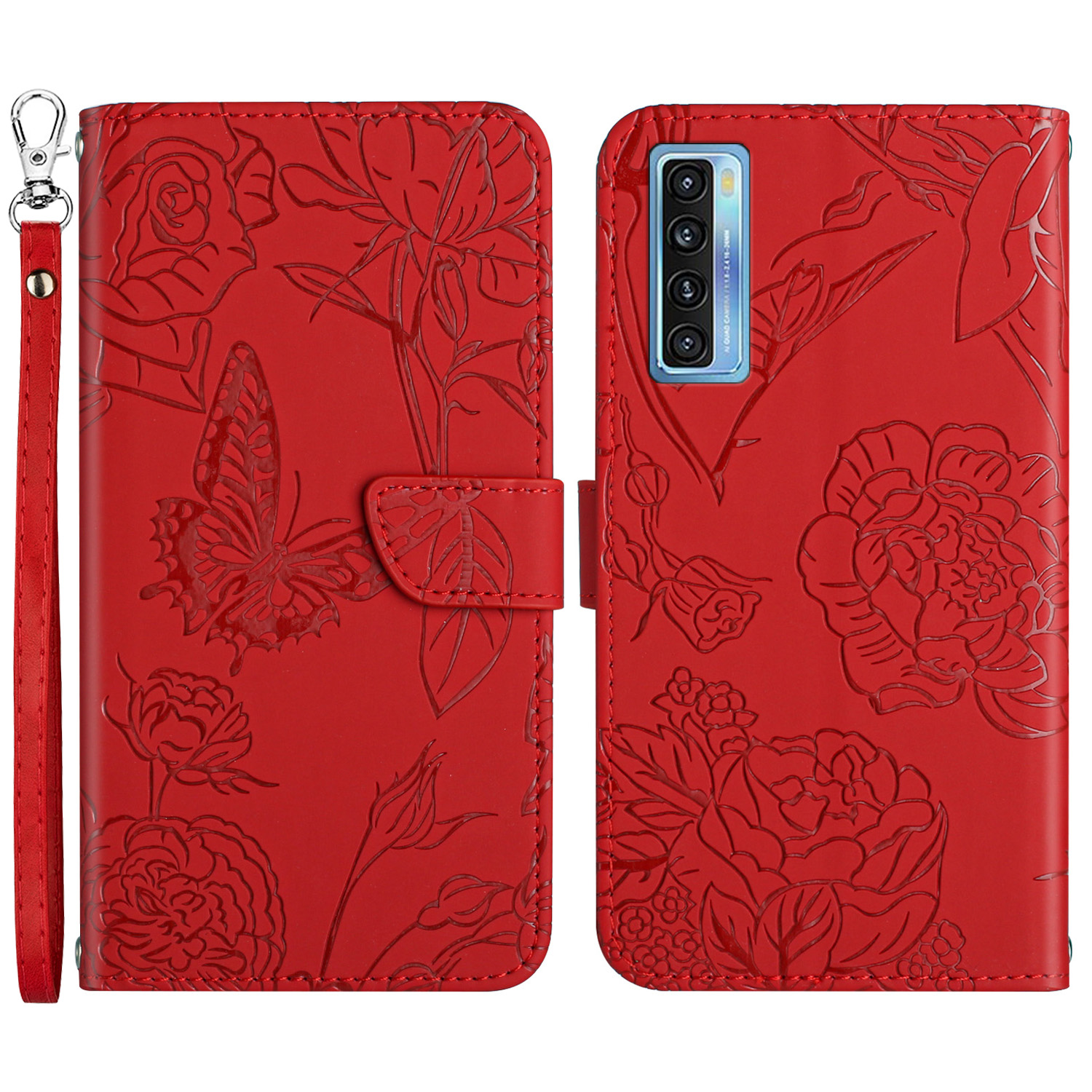 

Für TCL 20 Pro 5G Butterfly Flowers Prägen Die PU -leder -telefonschale, Brieftasche Mobiltelefonschutzgehäuse Mit Handlichem Riemen - Rot, TCL 20 Pro 5G