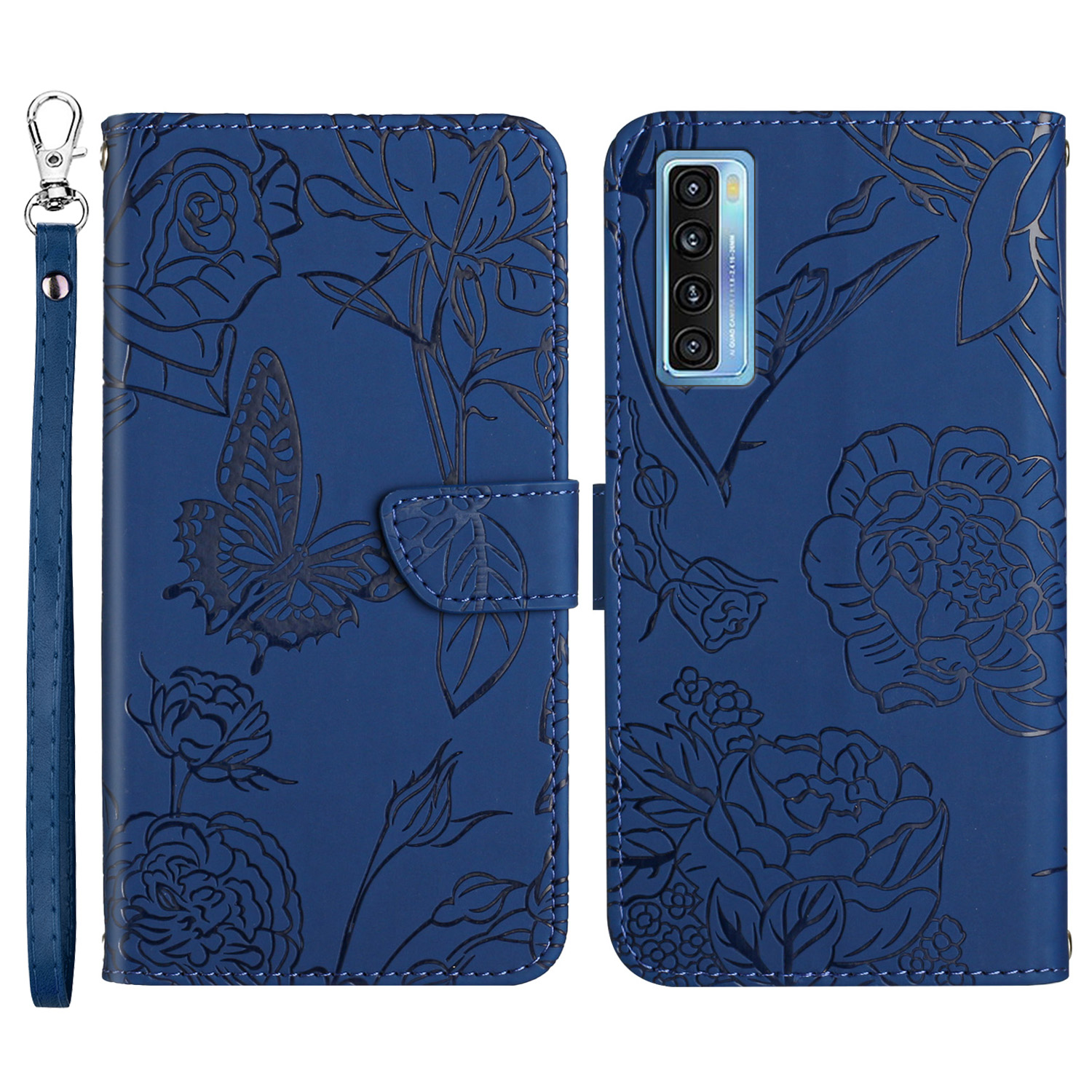 

Für TCL 20 Pro 5G Butterfly Flowers Prägen Die PU -leder -telefonschale, Brieftasche Mobiltelefonschutzgehäuse Mit Handlichem Riemen - Blau, TCL 20 Pro 5G