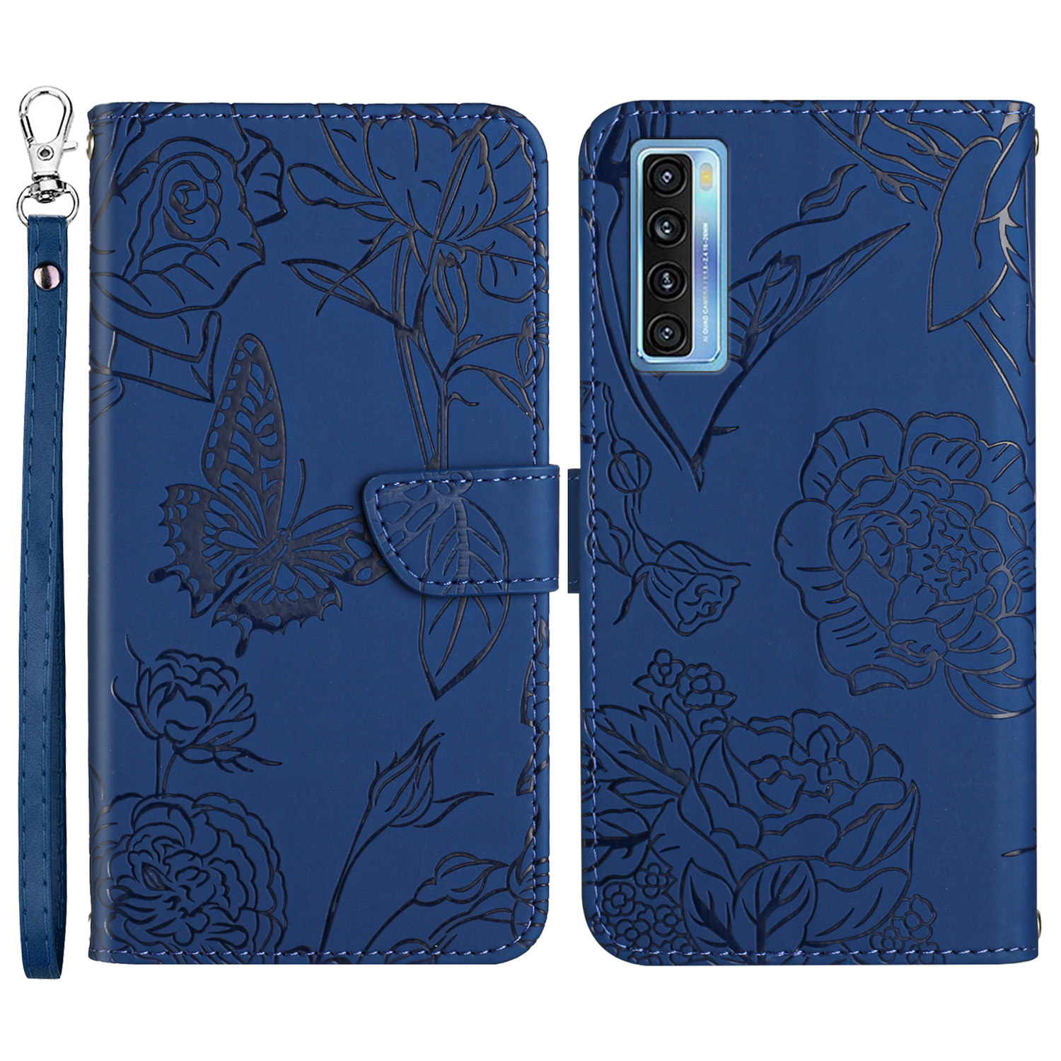 

Für TCL 20S/20 5G/20L/20L+ Schmetterlingsblumen, Die PU -leder -telefonschale Prägen, Volle Schutzbrieftasche Mit Handlichem Riemen - Blau, TCL 20S