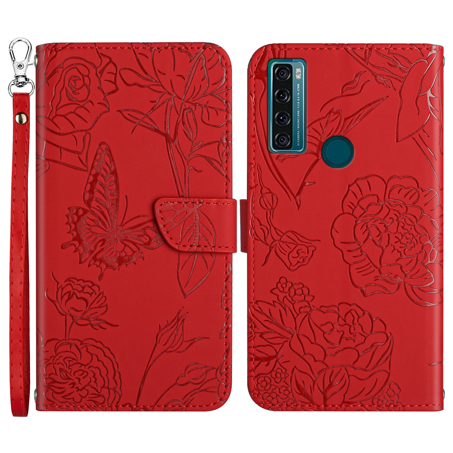 

Für TCL 20 SE Butterfly Flowers, Die Schockdes PU -leder -telefon Shell, Brieftaschenstand Mit Handlichem Riemen Prägen - Rot, TCL 20 SE