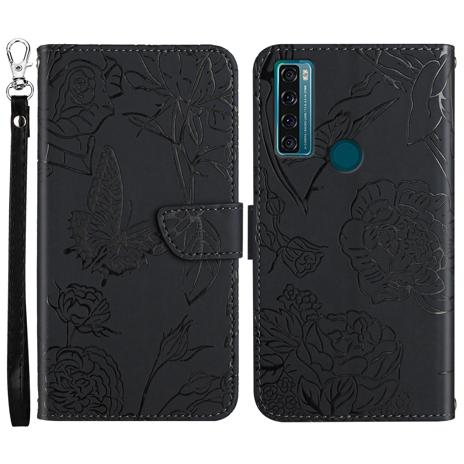 

Für TCL 20 SE Butterfly Flowers, Die Schockdes PU -leder -telefon Shell, Brieftaschenstand Mit Handlichem Riemen Prägen - Schwarz, TCL 20 SE