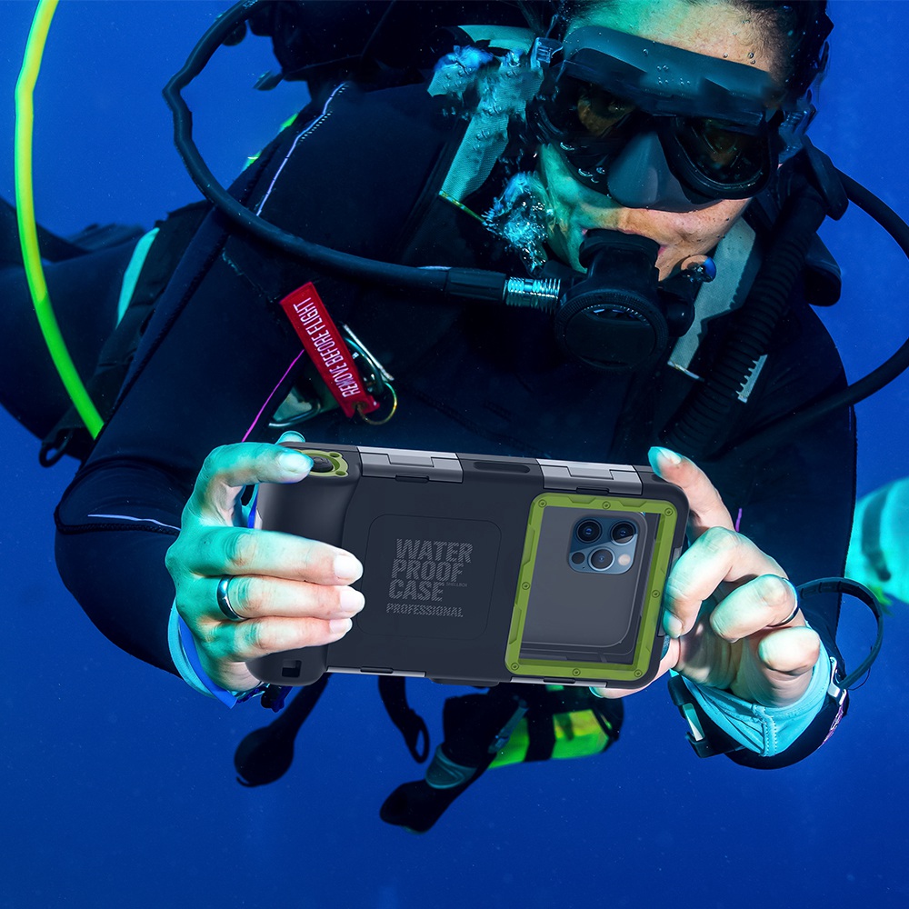

Für 4,7-6,9 Zoll Smartphone IP68 15m Wasserdichtes Kamera-Sucher Fenster Design Anti-Drop-Stoßstangenrahmen Telefonhülle - Grün, Universal