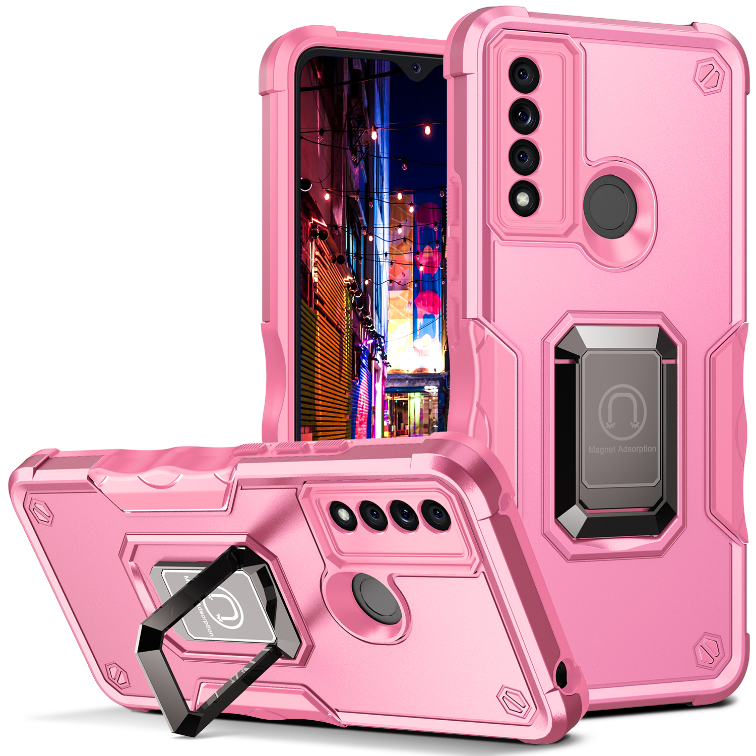 

Ring Kickstand Drop-Proof Anti-Scratch Hybrid Hard PC + Weiche TPU-Mobiltelefongehäuse-Hülle Für TCL 20 XE - Rosa, TCL 20 XE