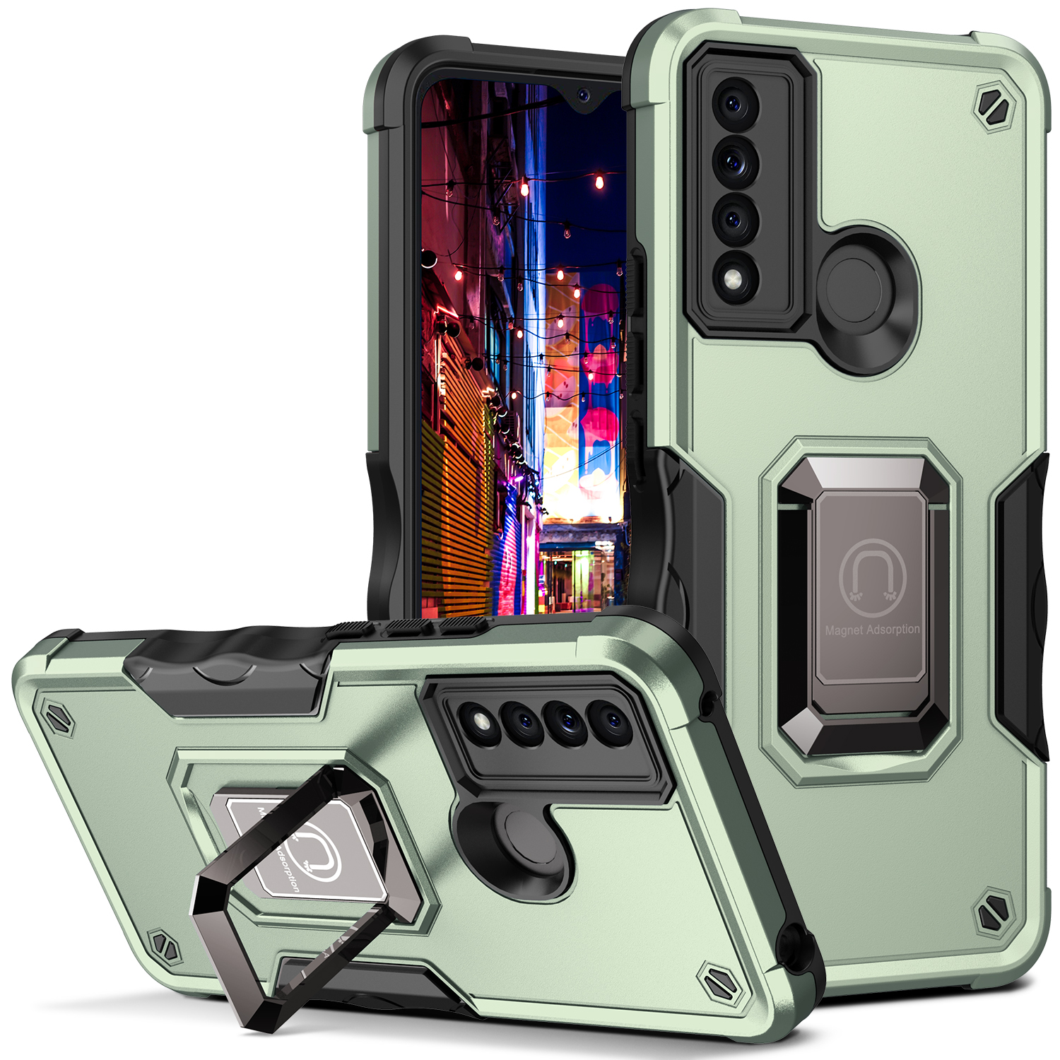 

Ring Kickstand Drop-Proof Anti-Scratch Hybrid Hard PC + Weiche TPU-Mobiltelefongehäuse-Hülle Für TCL 20 XE - Grün, TCL 20 XE