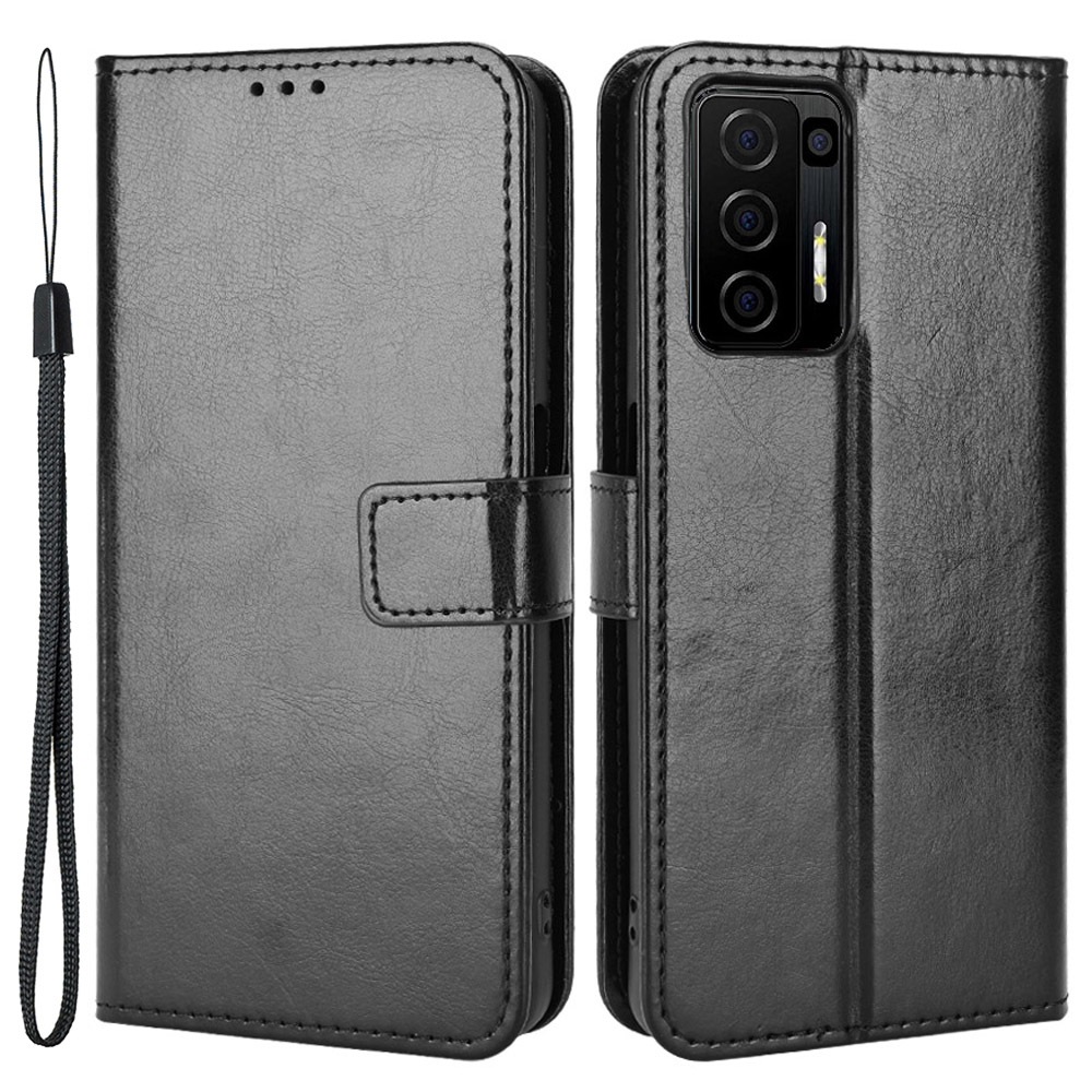 

Für Blu F91 5G Anti-fall PU Leder Brieftasche Hülle Kartenhalter Crazy Horse Texture Magnetic Anti-scratch-telefonabdeckungsständer Mit Riemen - Schwarz, BLU F91 5G