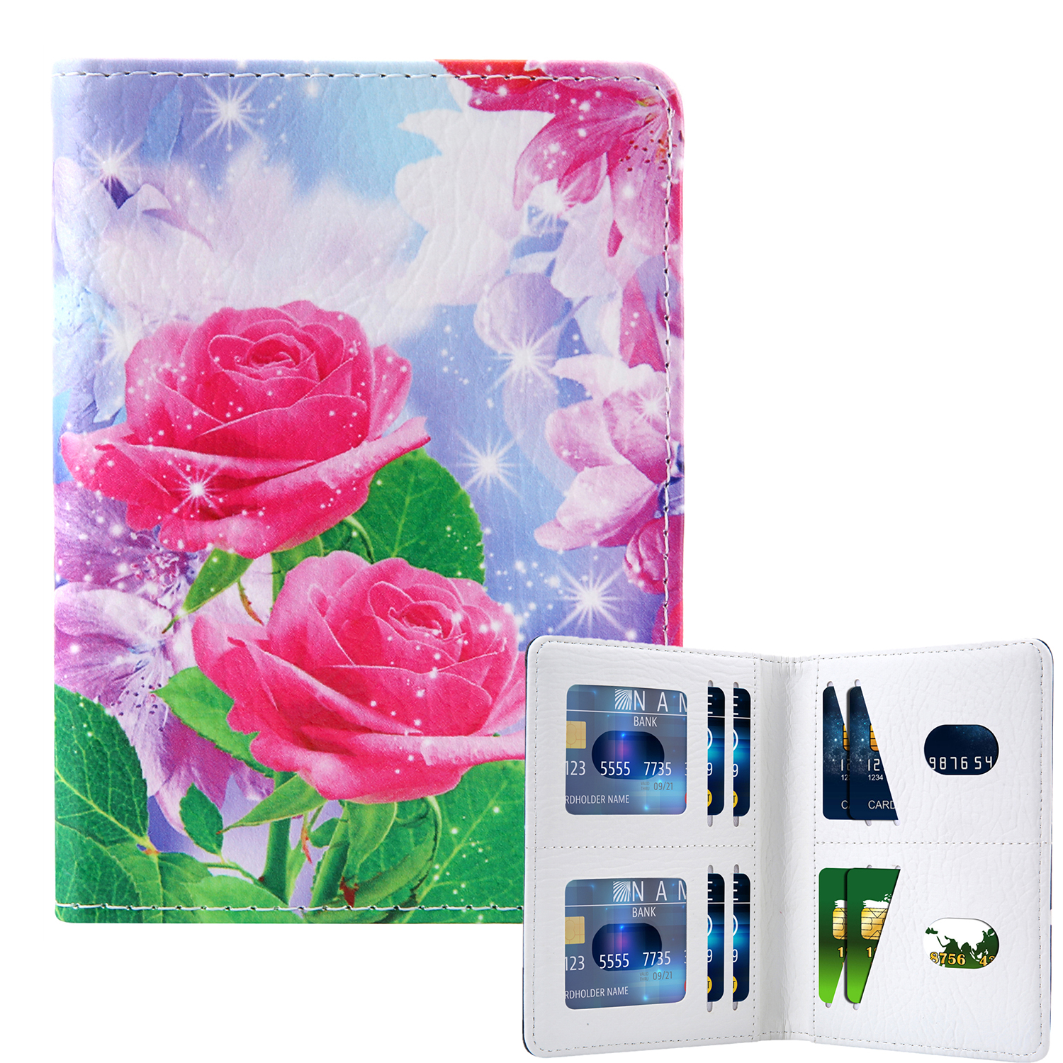 

Pattern Printing Multi-function Passport Wallet Coins Purse Travel Leather Storage Case - Red Flower