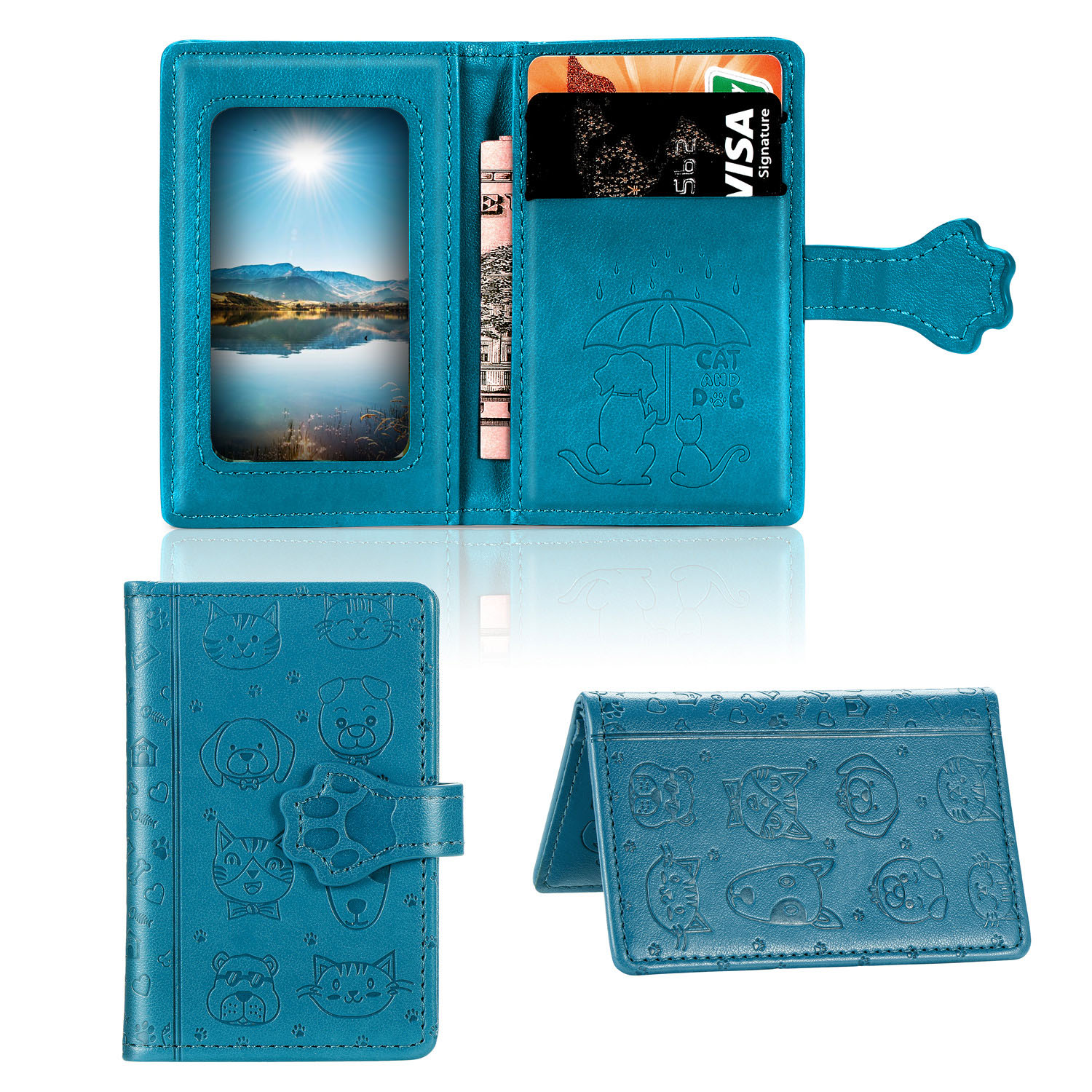 

Embossed Cat and Dog Phone Back Card Holder with Cash Slot - Sky Blue