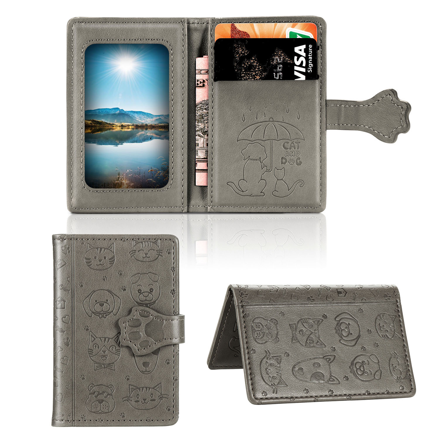 

Embossed Cat and Dog Phone Back Card Holder with Cash Slot - Grey