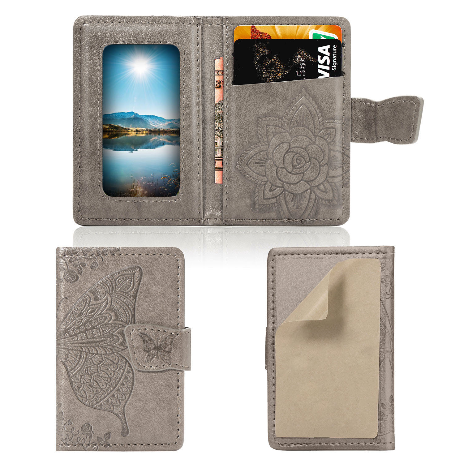 

Embossed Flower and Butterfly Phone Back Card Holder with Cash Slot - Grey