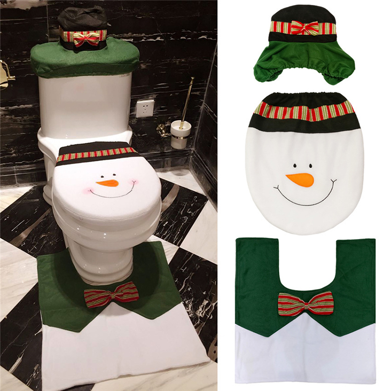 

Christmas Decorations Toilet Seat Cover Foot Pad Foot Pad Set Bathroom Accessory - Green Leading Snowman