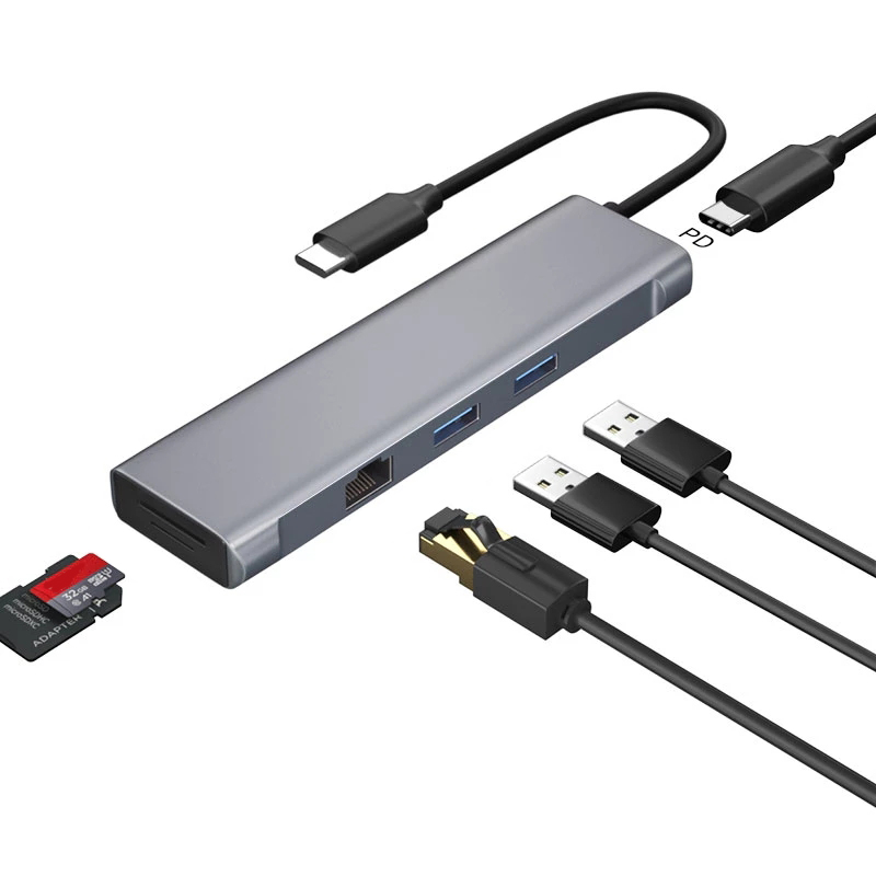 

T1901 Typ-c 6-in-1-hub-splitter 2USB+PD+TF+SD+Gigabit RJ45 Card Reader Docking Station Adapter Für Ipad Pro Macbook