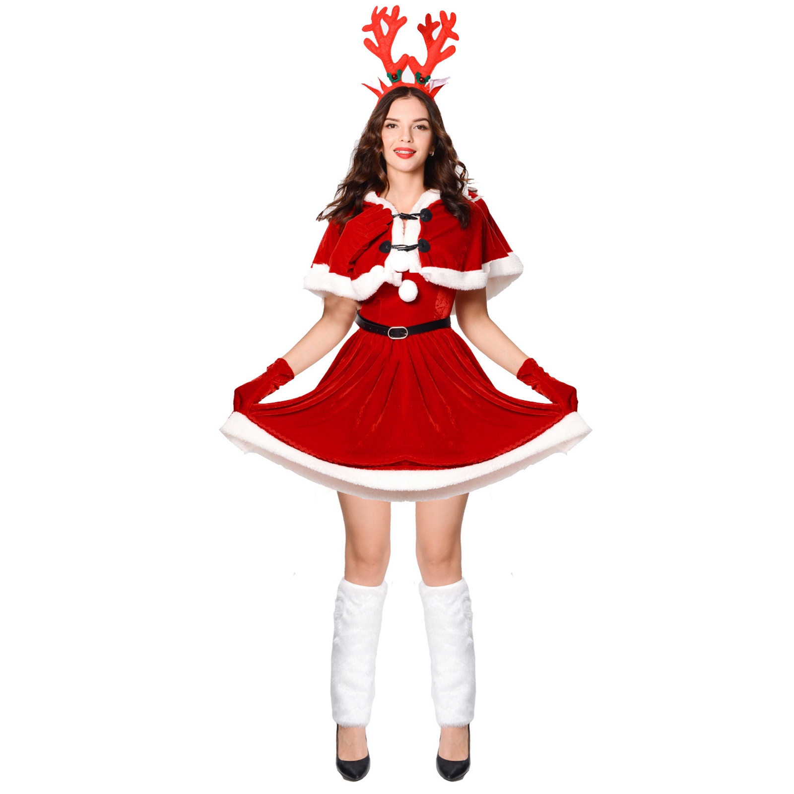 

Christmas Cloak Reindeer Headwear Dress Skirt Soft Velvet Cape Xmas Costume for Women - Red
