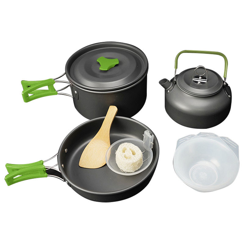 AOTU Outdoor Camping Cooking Set Pot Pan Teapot Cookware Set (No FDA Certificate  BPA-Free) - Green