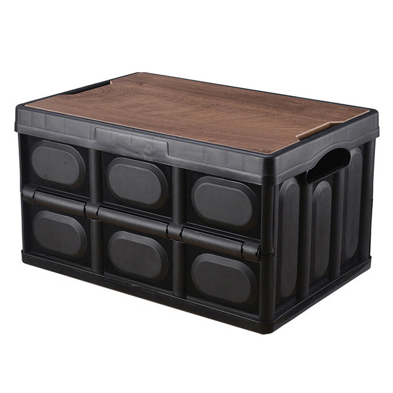 AOTU AT6916-1 55L Outdoor Camping PP Storage Case Folding Car Trunk Organizer Storage Box with Wooden Lid - Black