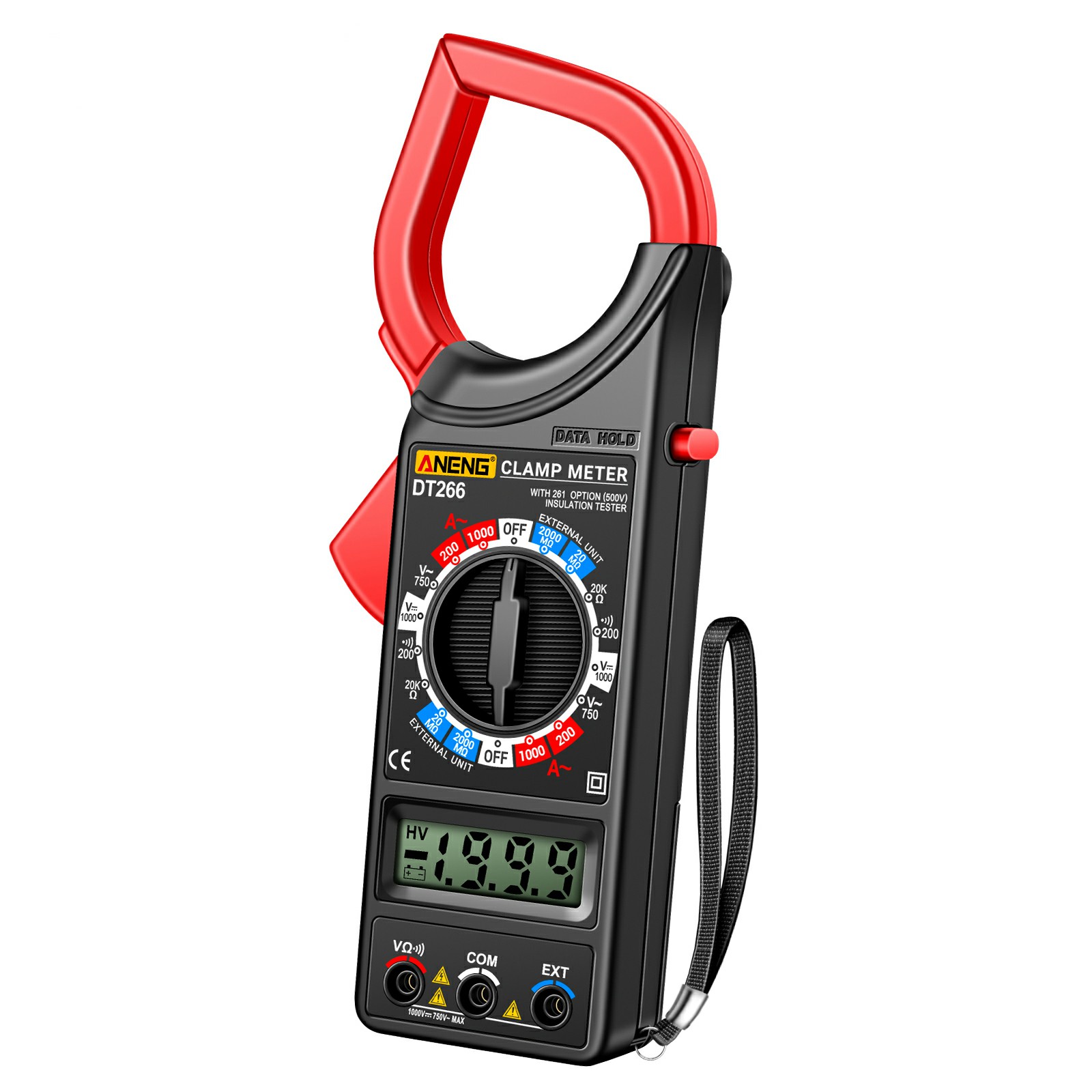 ANENG DT266 Digital Clamp Meter Voltage Current Resistance Tester 1999 Counts Multimeter - Red