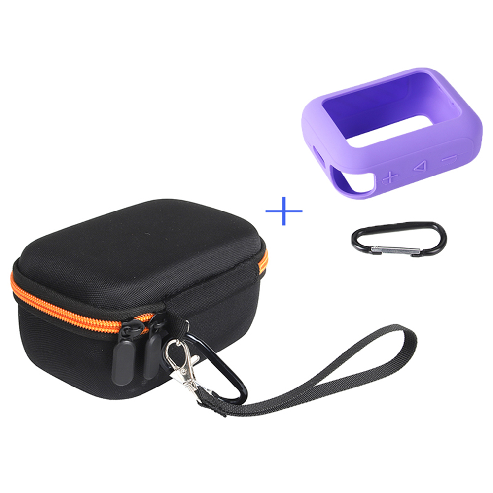 For JBL Go 4 Carrying Case Set Hard EVA Shell Storage Bag with Silicone Sleeve and Carabiner - Orange Interior / Purple