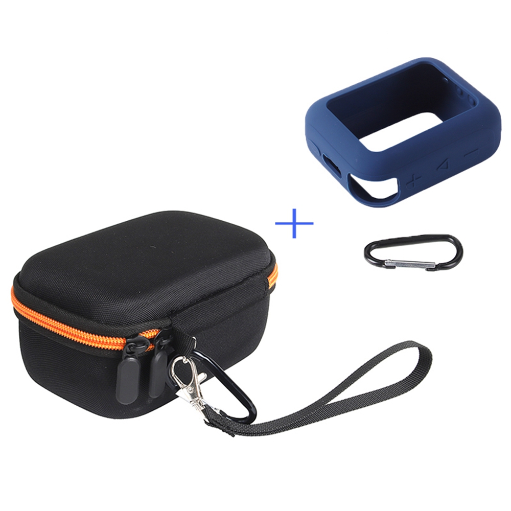 For JBL Go 4 Carrying Case Set Hard EVA Shell Storage Bag with Silicone Sleeve and Carabiner - Orange Interior / Navy Blue
