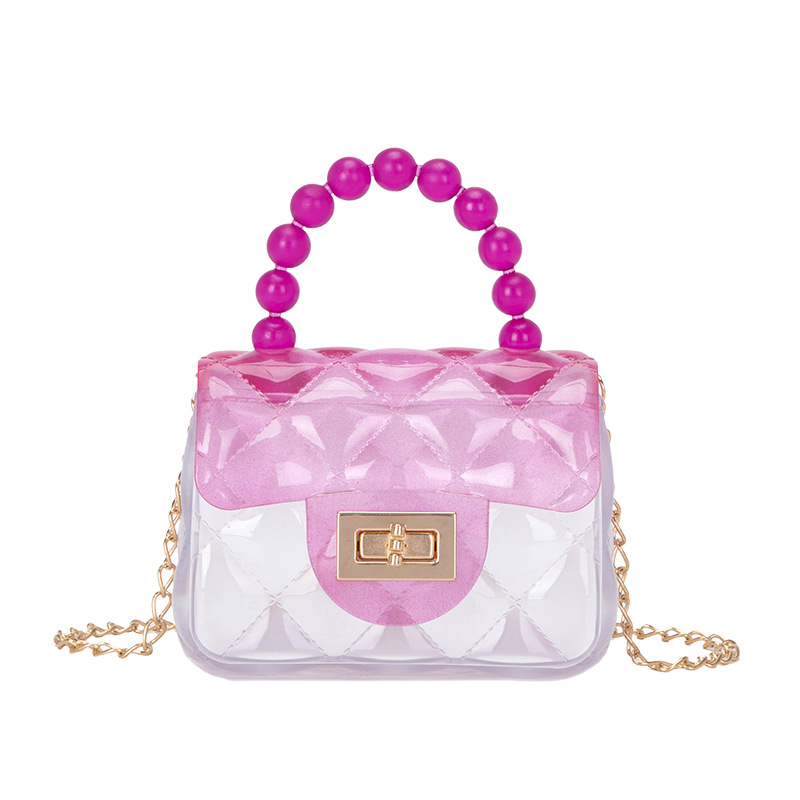 

Transparent Shoulder Crossbody Bag Gradient Color Fashion Jelly Purse Small Handbag with Beads Tote Handle - Pink