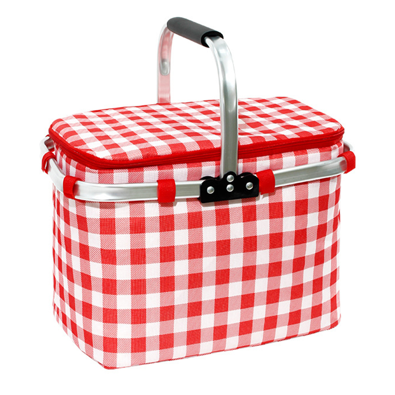 

Aluminiumrahmen im Freien 600d Oxford Stoff Picknickkorb Futtergetränk Transportieren Korb - Rot+weißes Netz