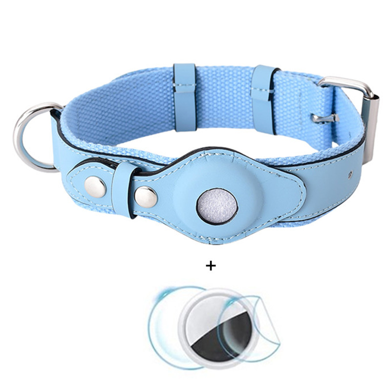 

PU Leder+canvas Verstellbare Haustierkragen Für Apfellufttag Anti-lost-locator Haustierhändlinge, Größe L - Blau, AirTag