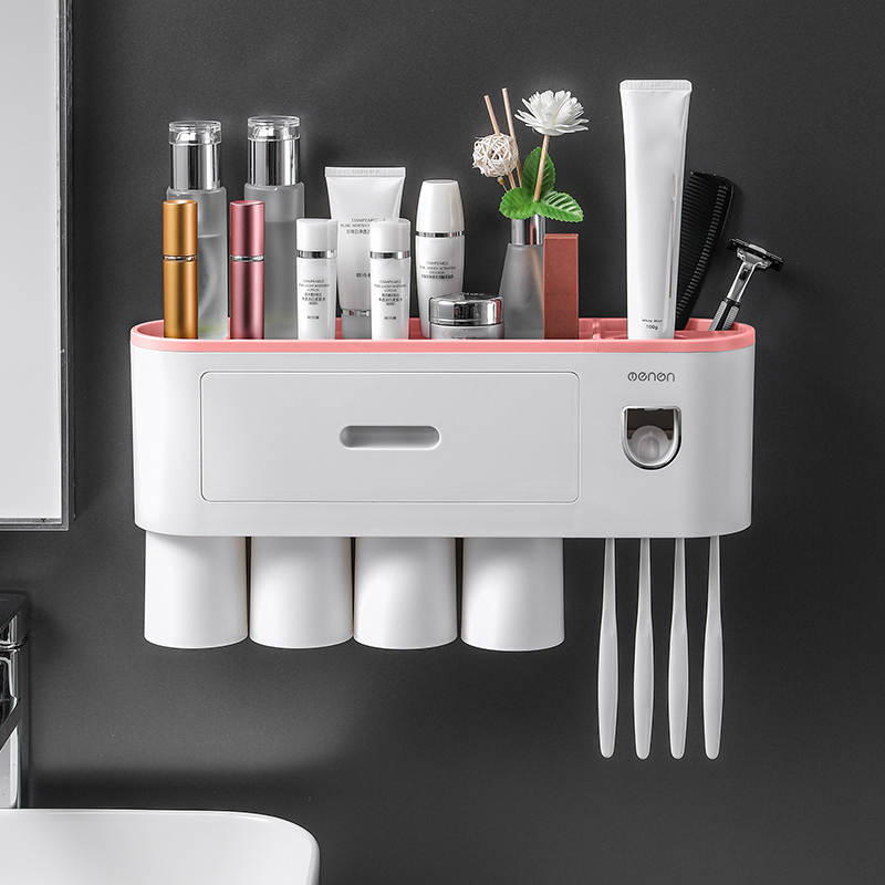 

Mengni Badezimmer 4 Tassen Zahnbürstenhalterwand Mit Zahnpastaspender, 4 Pinselschlitz, Schublade - Rosa