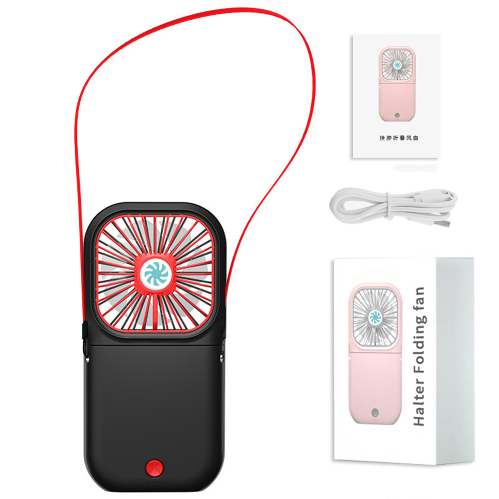 

2 in 1 Mini Cooler Phone Power Bank Portable USB Neck Hanging Folding Fan - Black