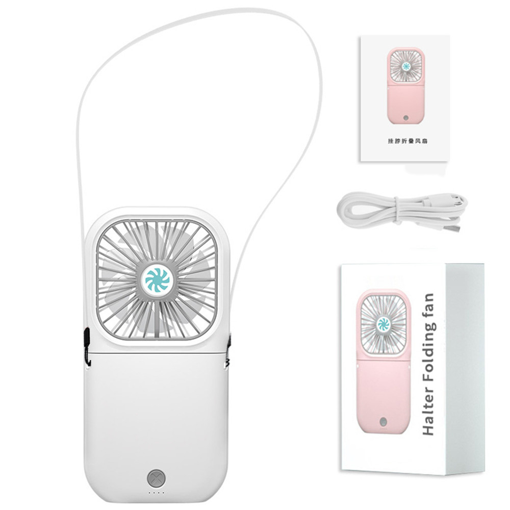 

2 in 1 Mini Cooler Phone Power Bank Portable USB Neck Hanging Folding Fan - White