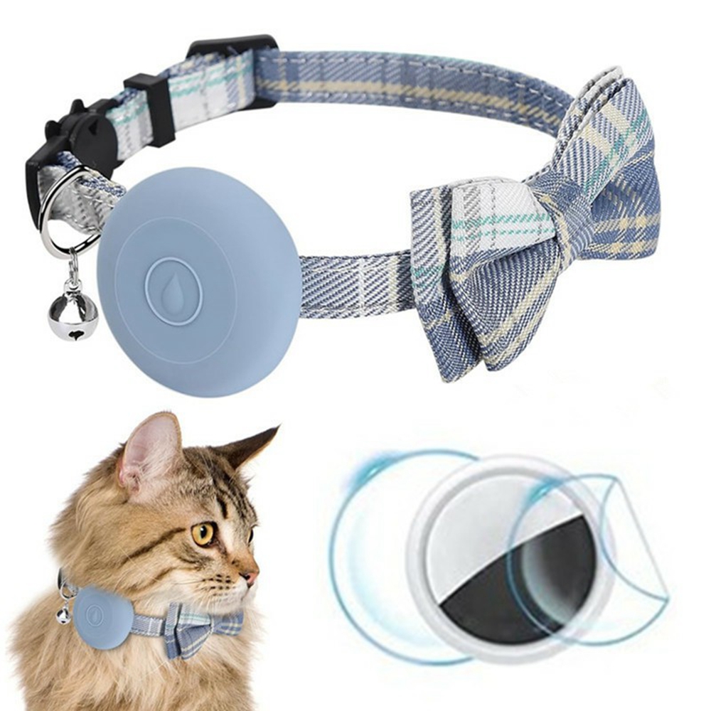 For AirTag Bluetooth-compatible Tracker Anti Drop Silicone Case Bow Decor Pet Collar with Protective Film - Denim Blue