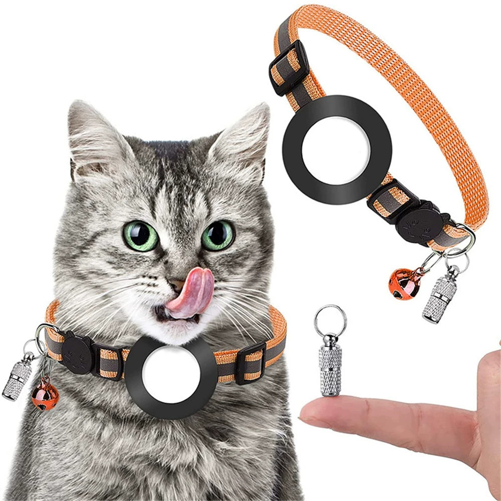 For AirTag Tracker Reflective Pet Collar Silicone Protective Case with ID Address Tag - Orange